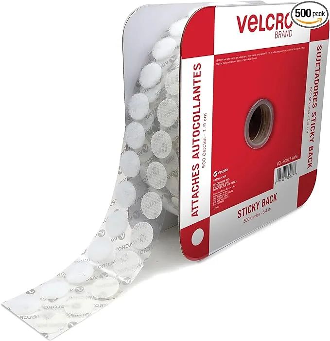 VELCRO Brand Adhesive Dots White 500 Pk 3/4" Circles Sticky Back Round Hook and Loop for School, Teachers, Mounting Arts and Crafts | VEL-30077-AMS