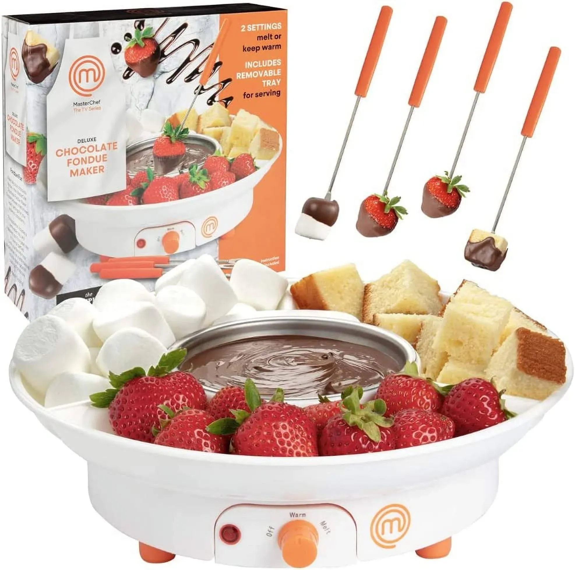 MasterChef Chocolate Fondue Maker- Deluxe Electric Dessert Fountain Fondue Pot Set w 4 Forks & Party Serving Tray -Melting, Warming Caramel, Cheese, Sauce, Romantic Date, Fun Birthday Gift