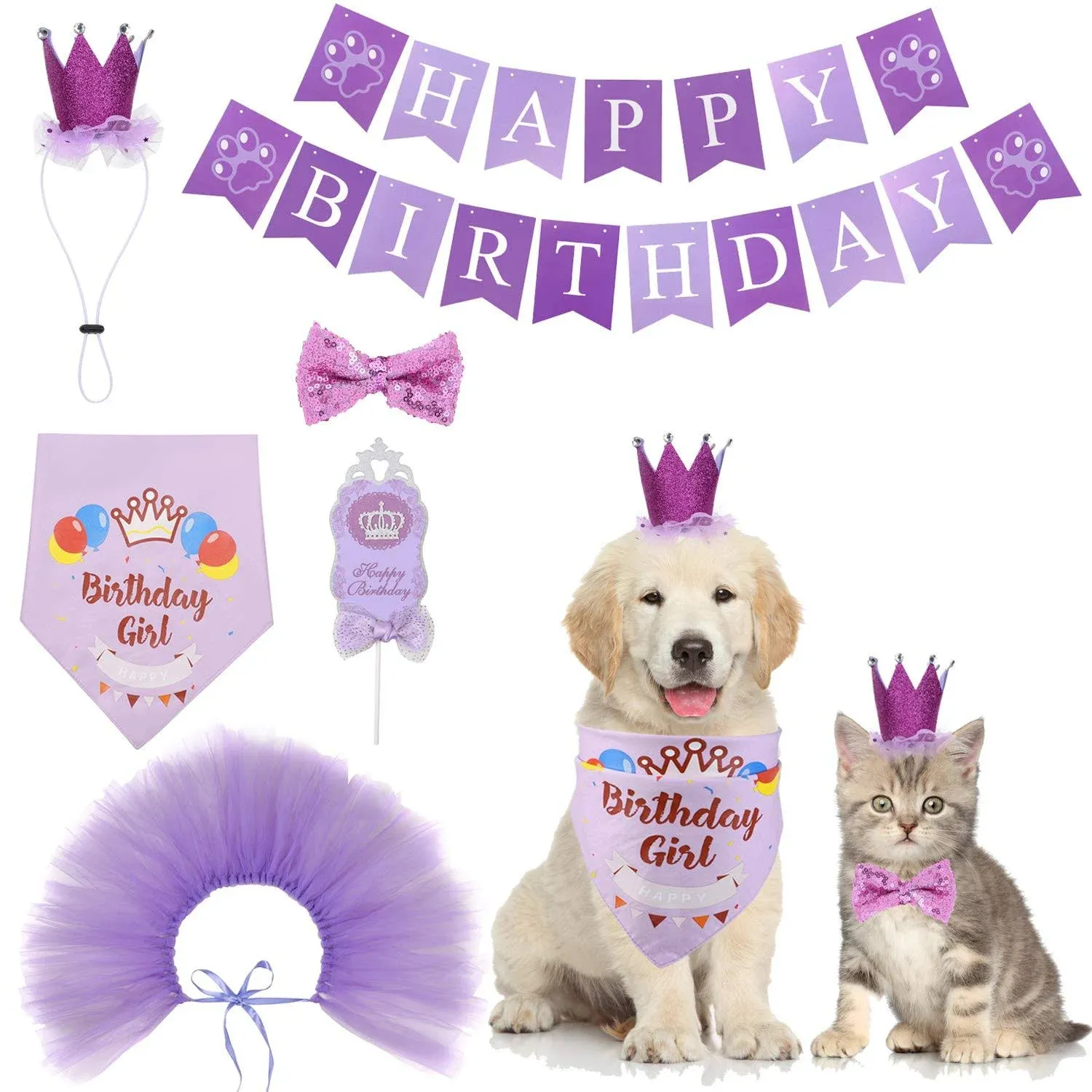 Dog Birthday Bandana Girl Boy 6Pcs Birthday Party Supplies - Tutu Skirt Crown Hat Scarf Tie Happy Birthday Banner Cake Topper Decorations Birthday Outfit for Pet Puppy Cat Purple