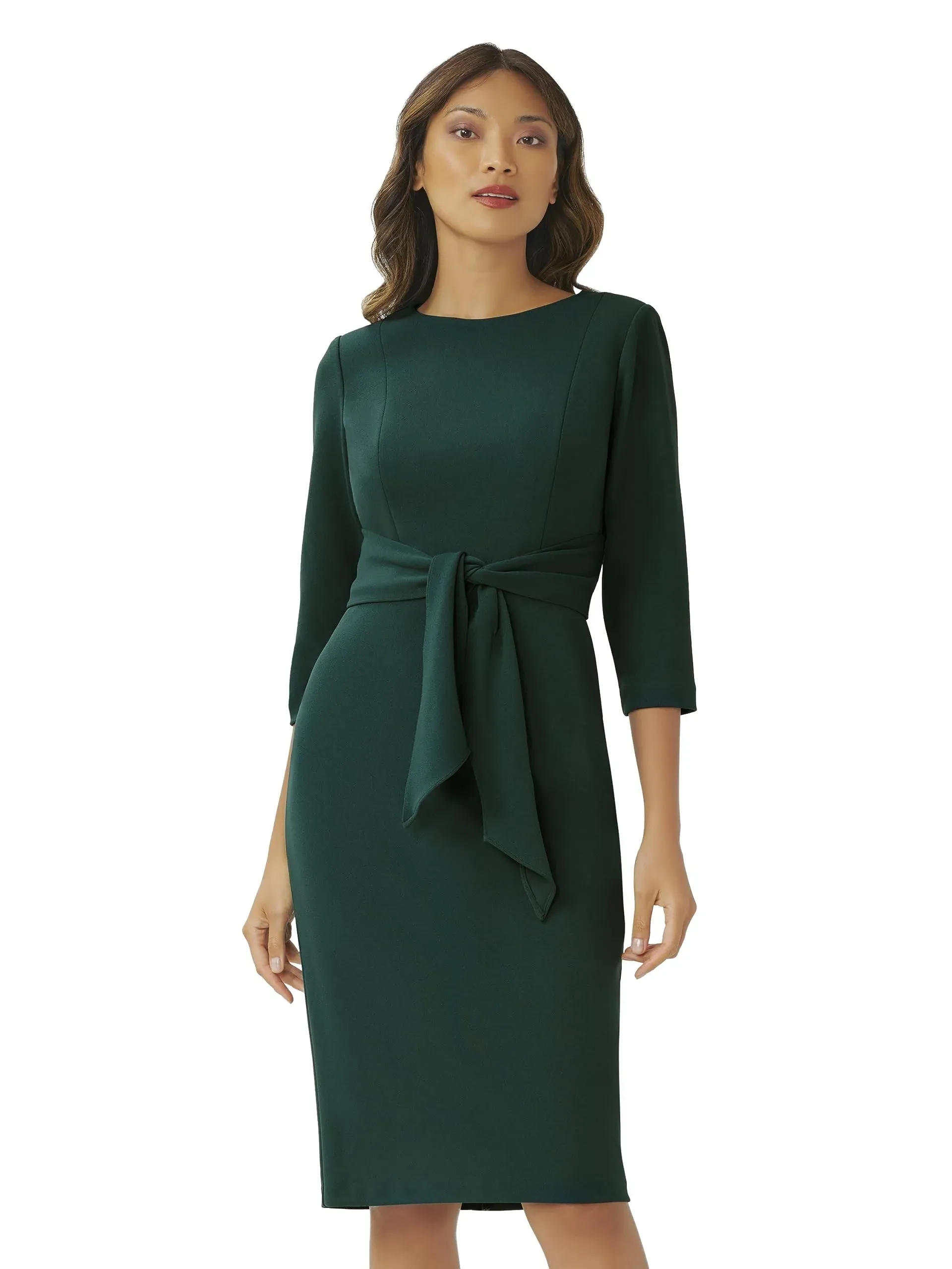 Adrianna Papell Tie Waist Crepe Sheath Dress in Hunter