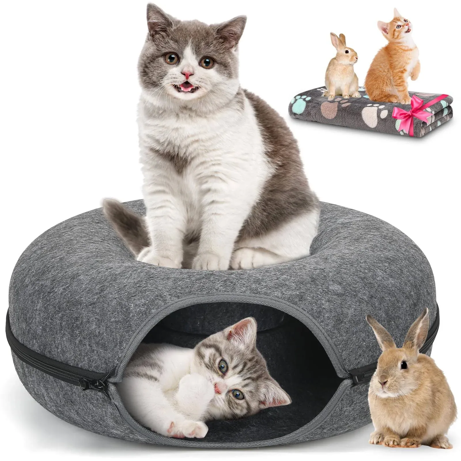 Cat Tunnel Bed Peekaboo Cat Cave Pet Blanket Detachable Donut Tunnels Dark Grey