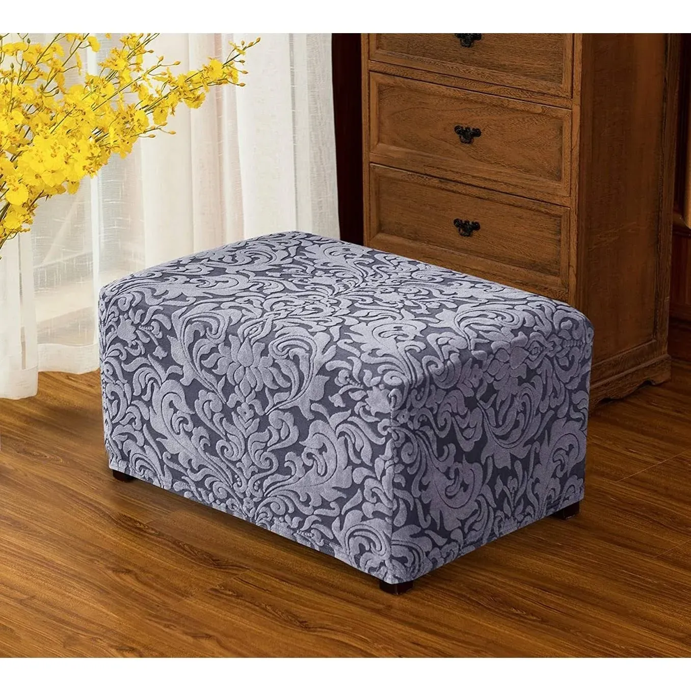 Subrtex Ottoman Covers Jacquard Damask Footstool Stretch Slipcover - Grayish Blue