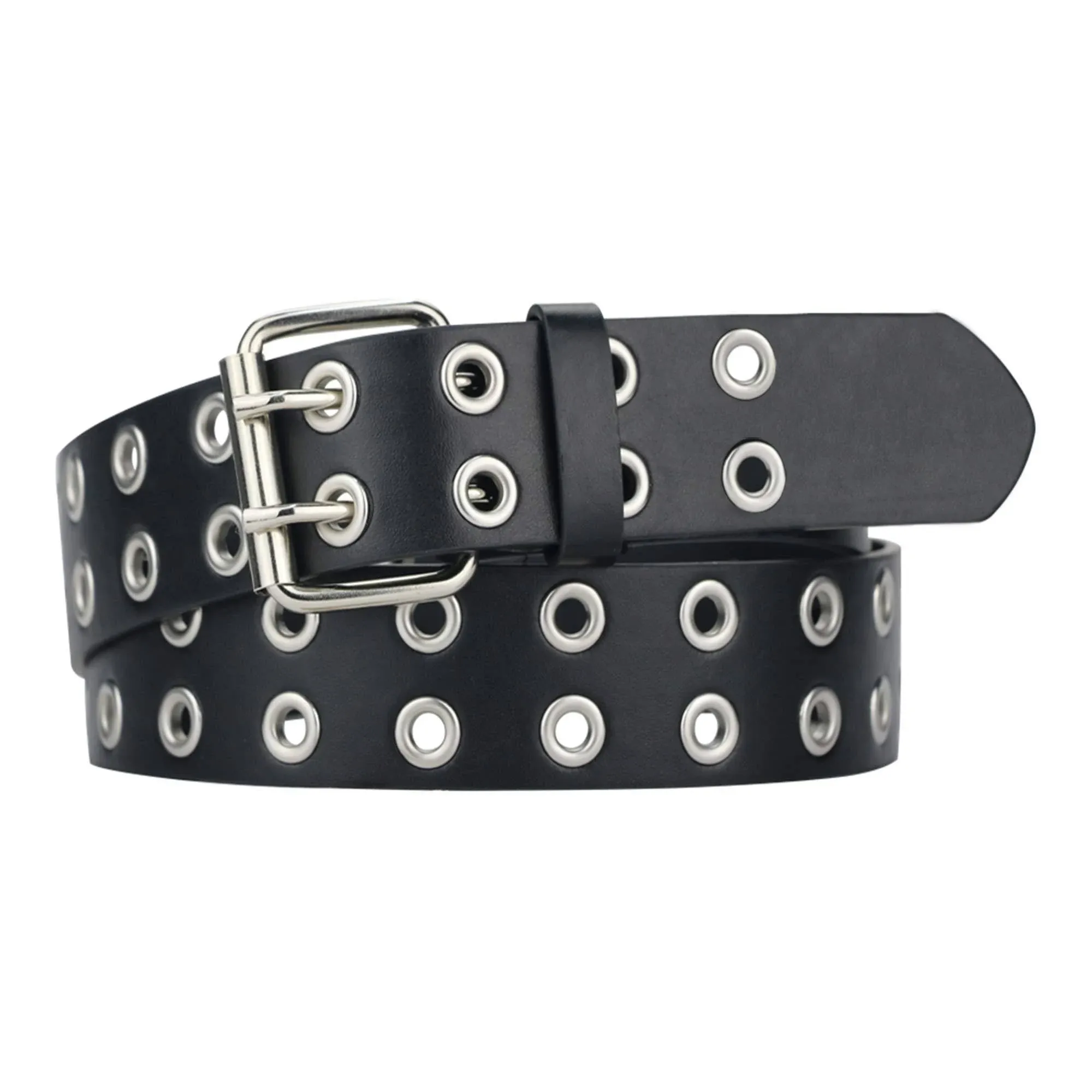 macoking Womens Belts for Jeans, Studded Double Grommets Leather Black Belt Women ...