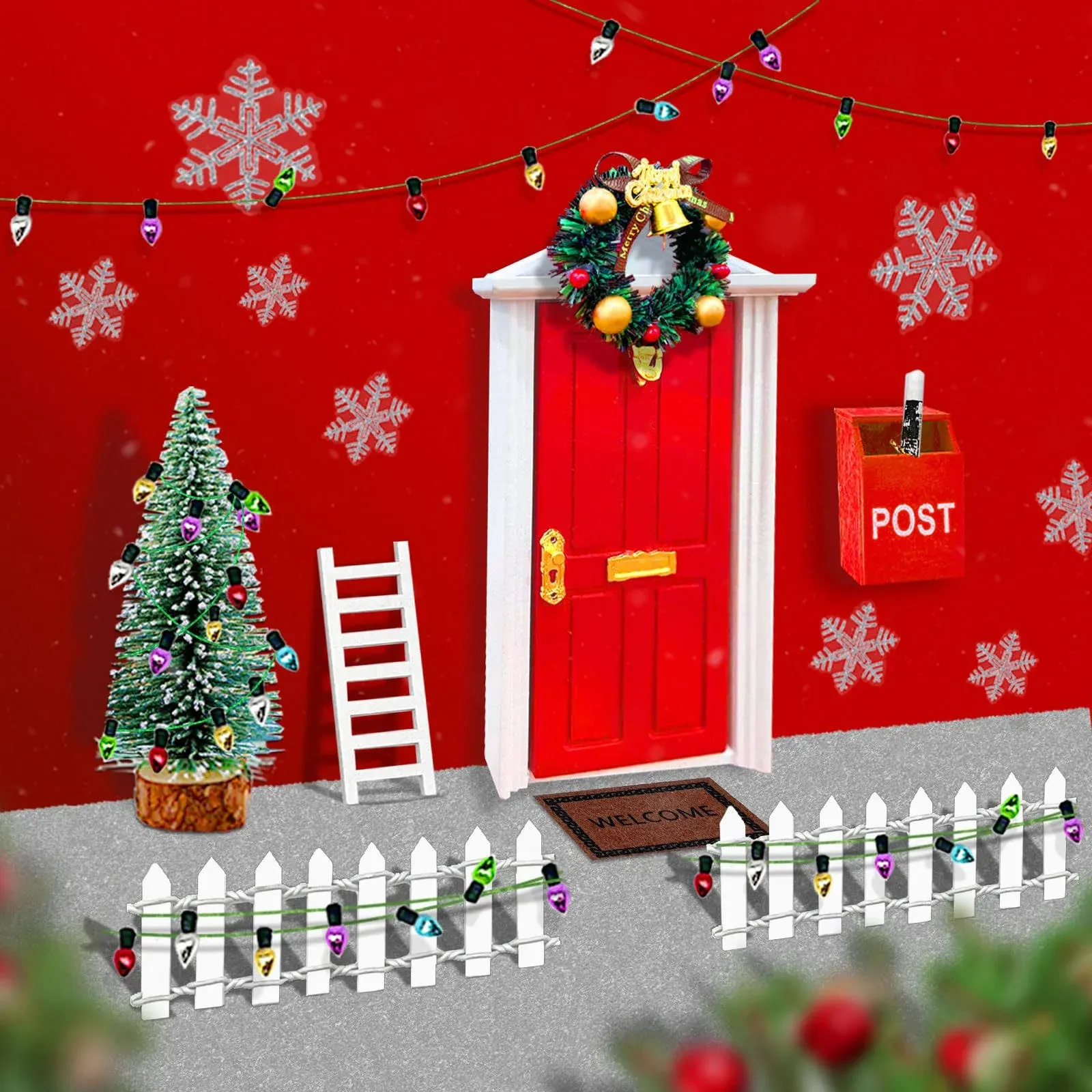 JCOOS Christmas Wooden Red Mini Elf Door for Wall, Miniature Fairy Door Kit, Christmas Dollhouse Accessories Fairy Tale Pretend Playset for Boys Girls Kids