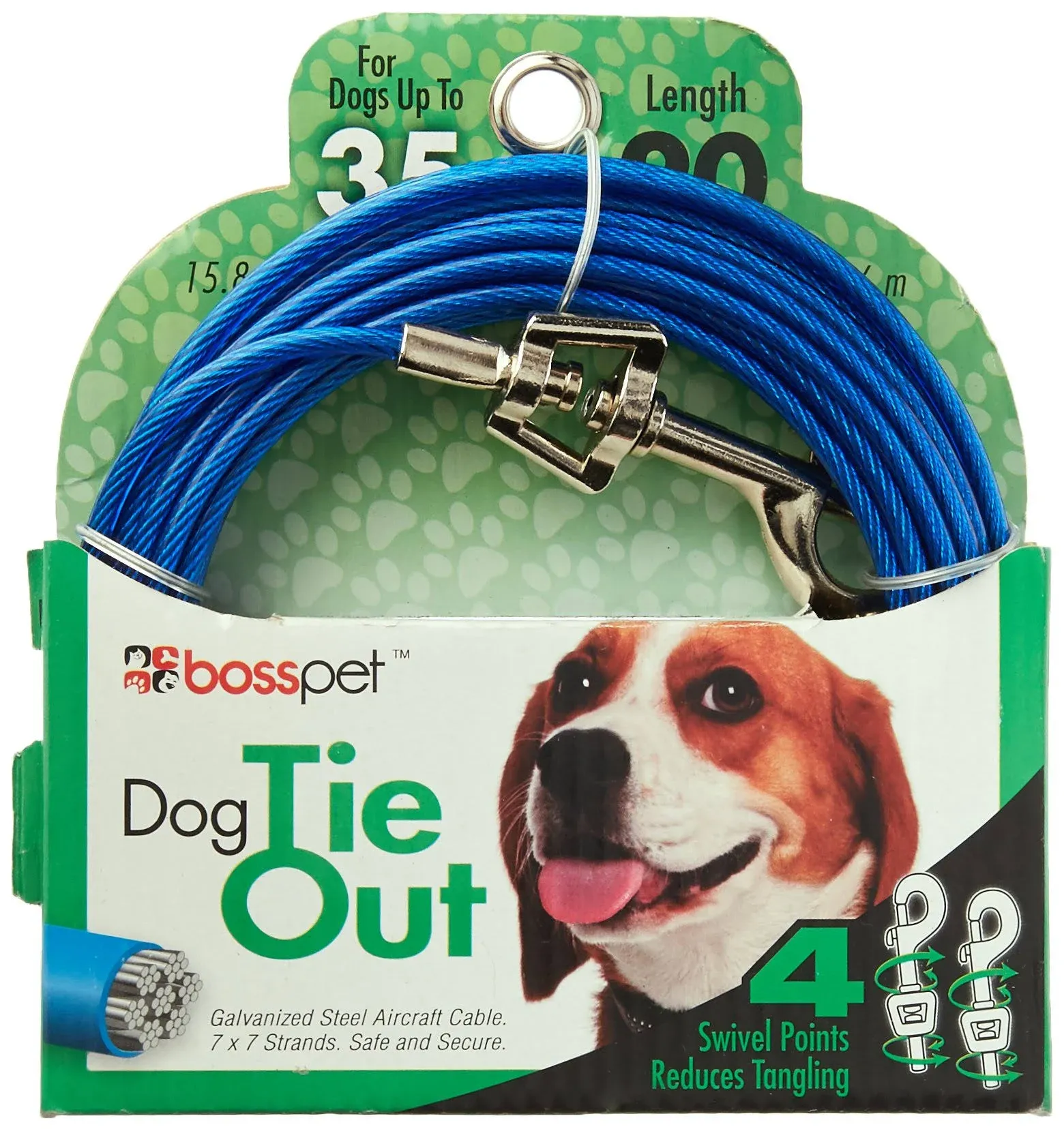 PDQ Pet TieOut Belt with Twin Swivel Snap, 20 ft L BeltCable, For Medium Dogs Up to 35 lb