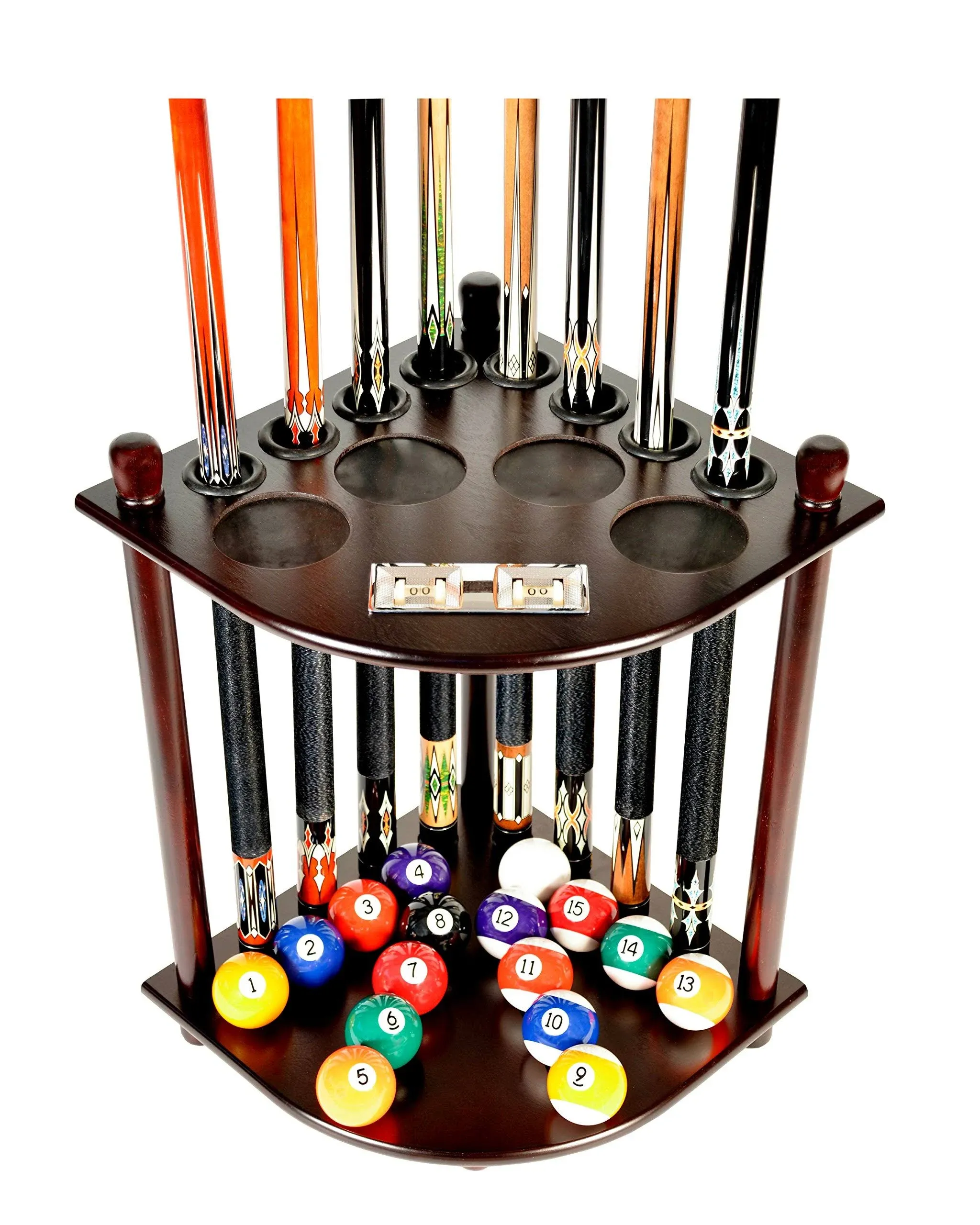 ISZY Billiards Pool Stick Holder - Cue Rack Only - Wood Stand Holds 8 Billiard Sticks, a Full Set of Balls & Includes 4 Score Counters - Pool Accessories, Mahogany