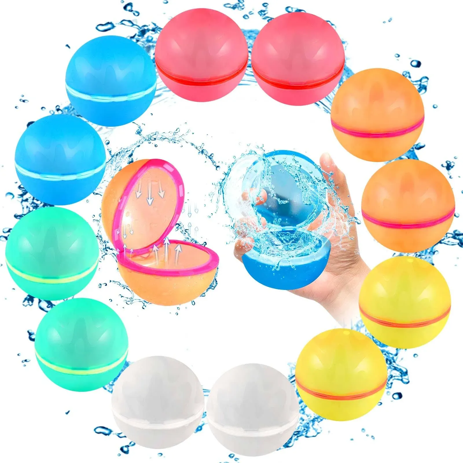 Smasiagon SOPPYCID Reusable Magnetic Water Balloons, 12 Pack Refillable Water Bomb Splash Balls Self Sealing Quick Fill, Latex-Free Silicone Water Toys for