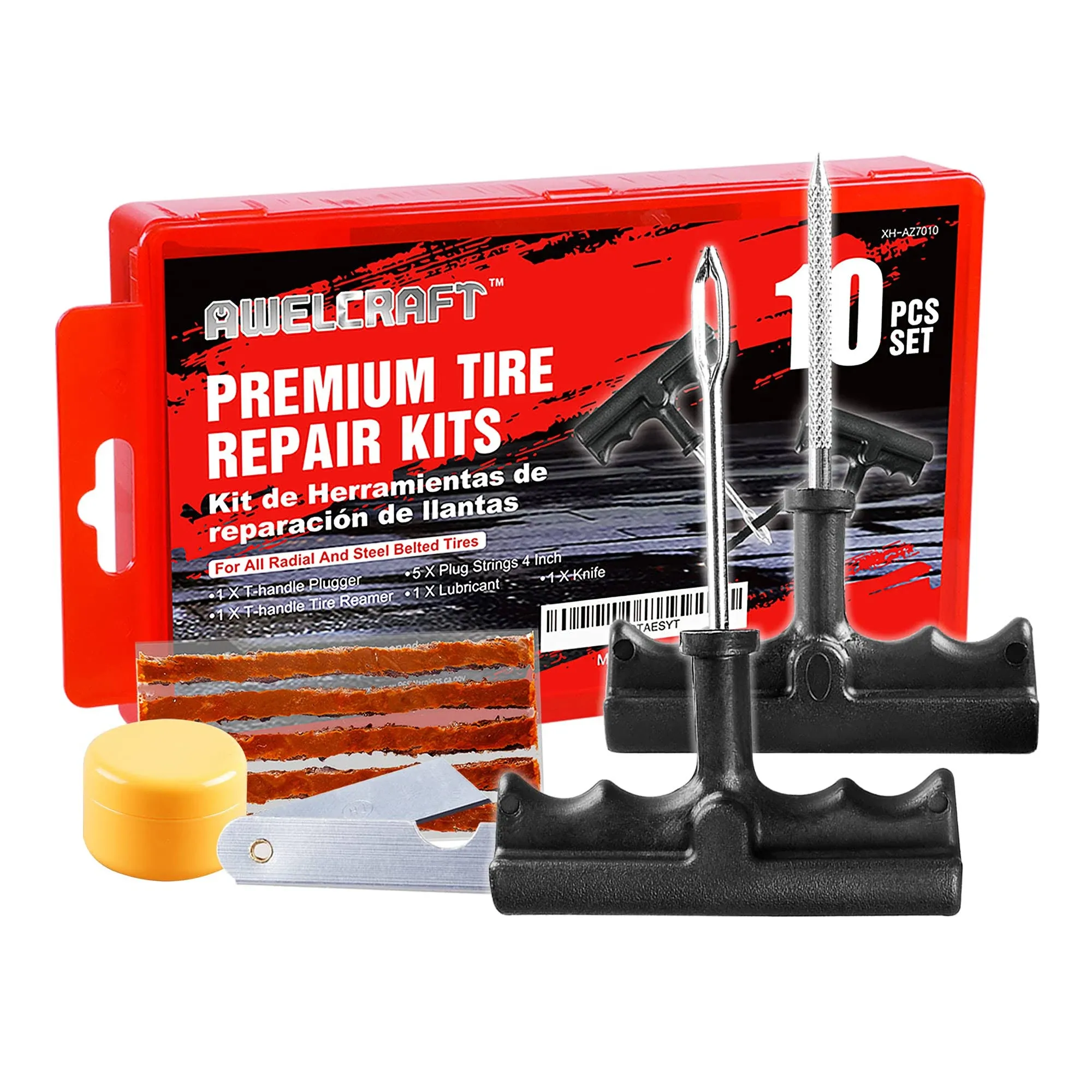 Economical Tire Repair Kit to Fix Punctures and Plug Flats, 10-Piece Value Pack, Ideal for Cars, Trucks, Motorcycles, ATV, with Storage case