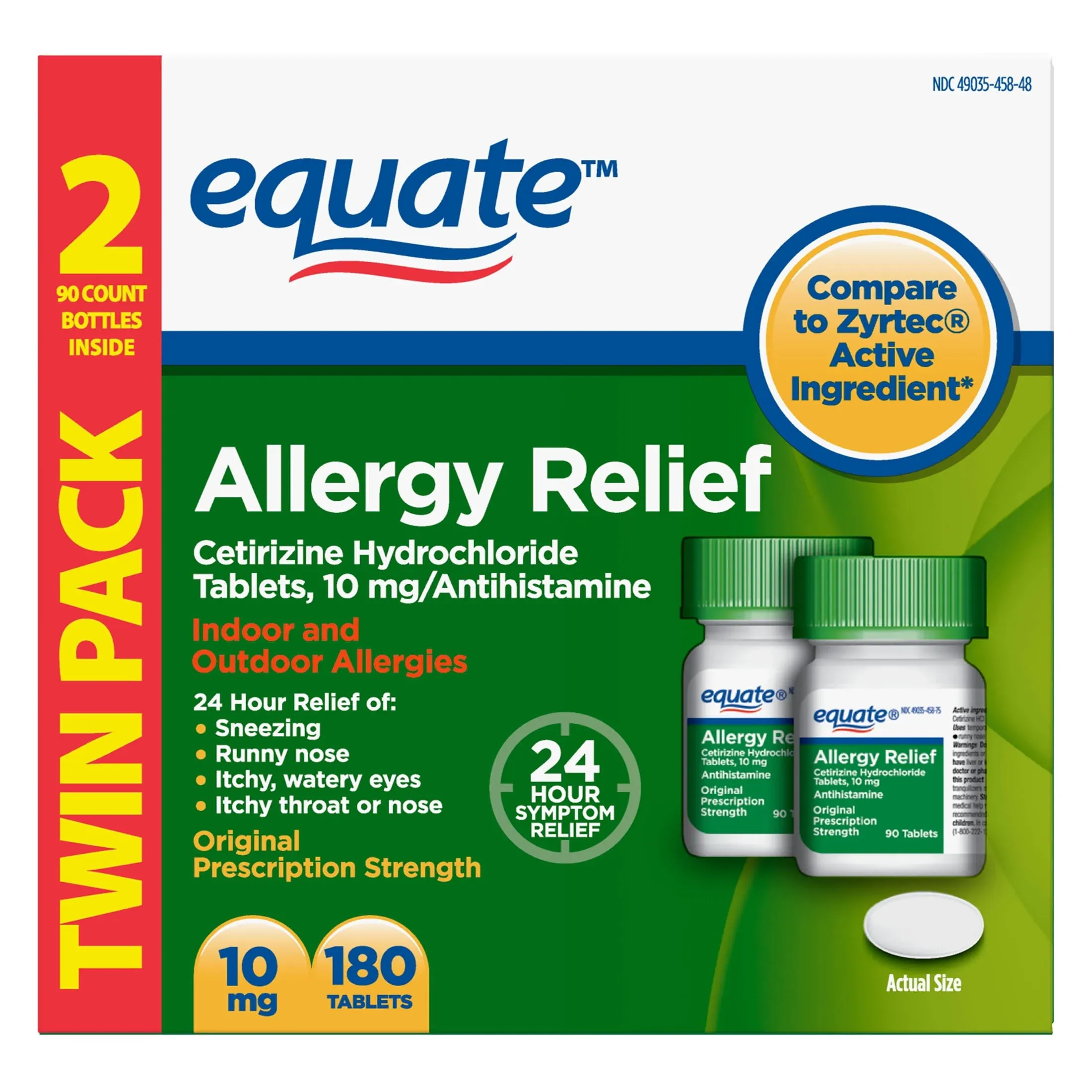 Equate 24 Hour Allergy, Cetirizine hydrochloride Tablets, 10 mg, 90 Count, 2 Pack, Size: 23 oz