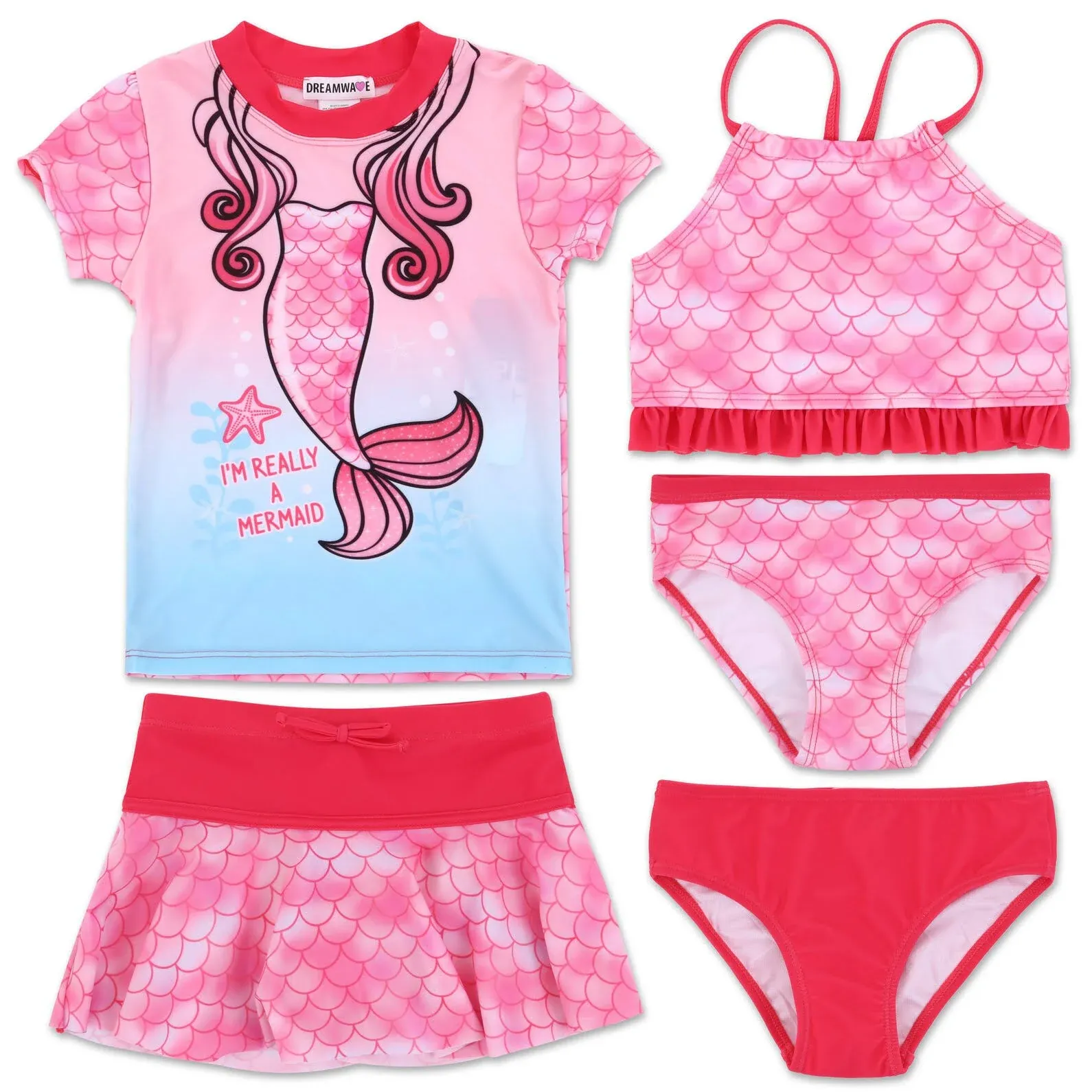 Dreamwave Little Girls Mermaid Princess 4 Piece Swimsuit Set: Bikini Top Swim ...