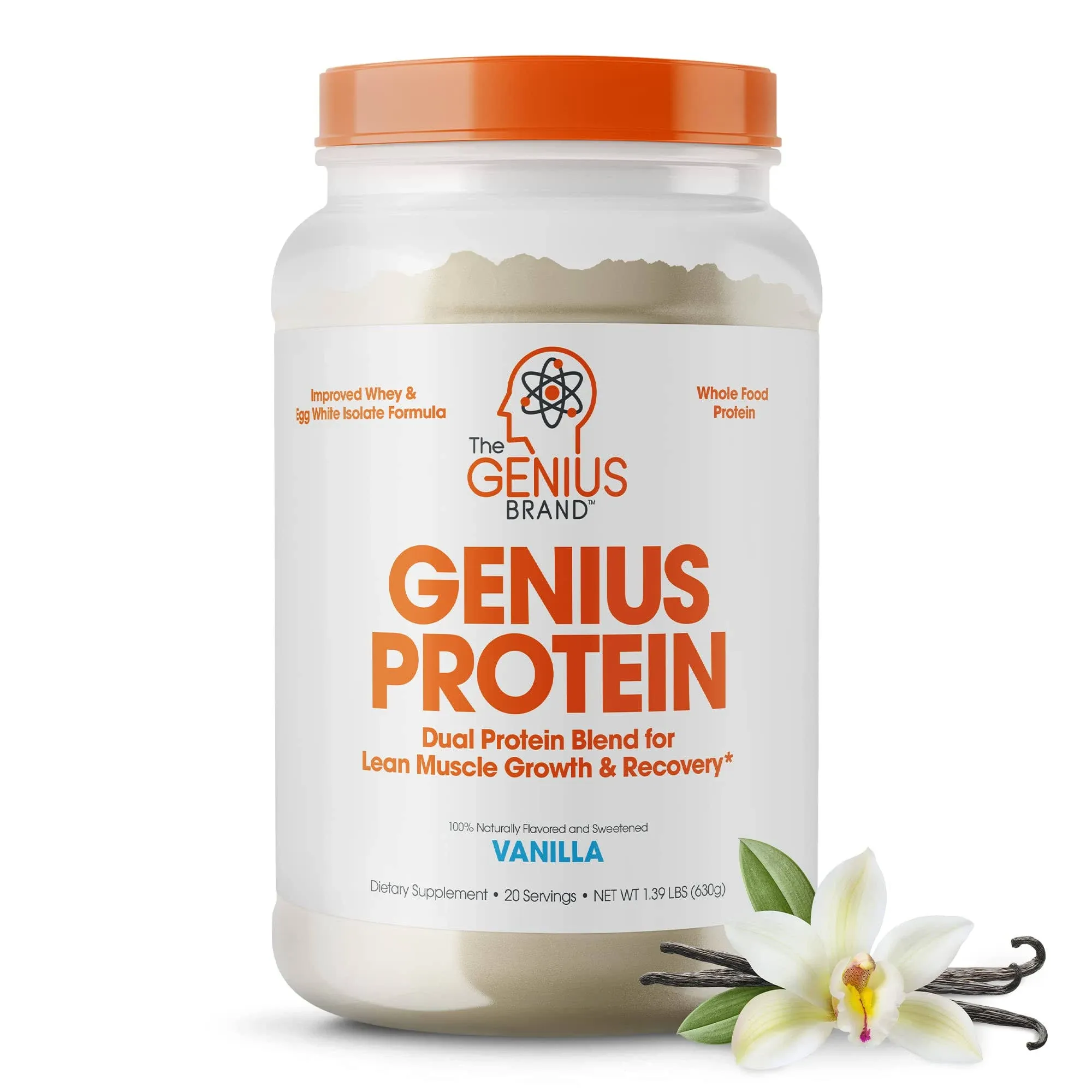 Whey Protein Powder for Lean Muscle Growth & Recovery - Dual Protein Blend Egg White Isolate, Vanilla, Genius Protein by The Genius Brand, Adult