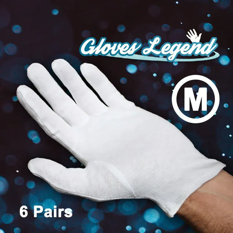 Medium - 6 Pairs (12 Gloves) - Gloves Legend White Cotton Moisturizing Parade Jewelry Silver Costumes Inspection Gloves