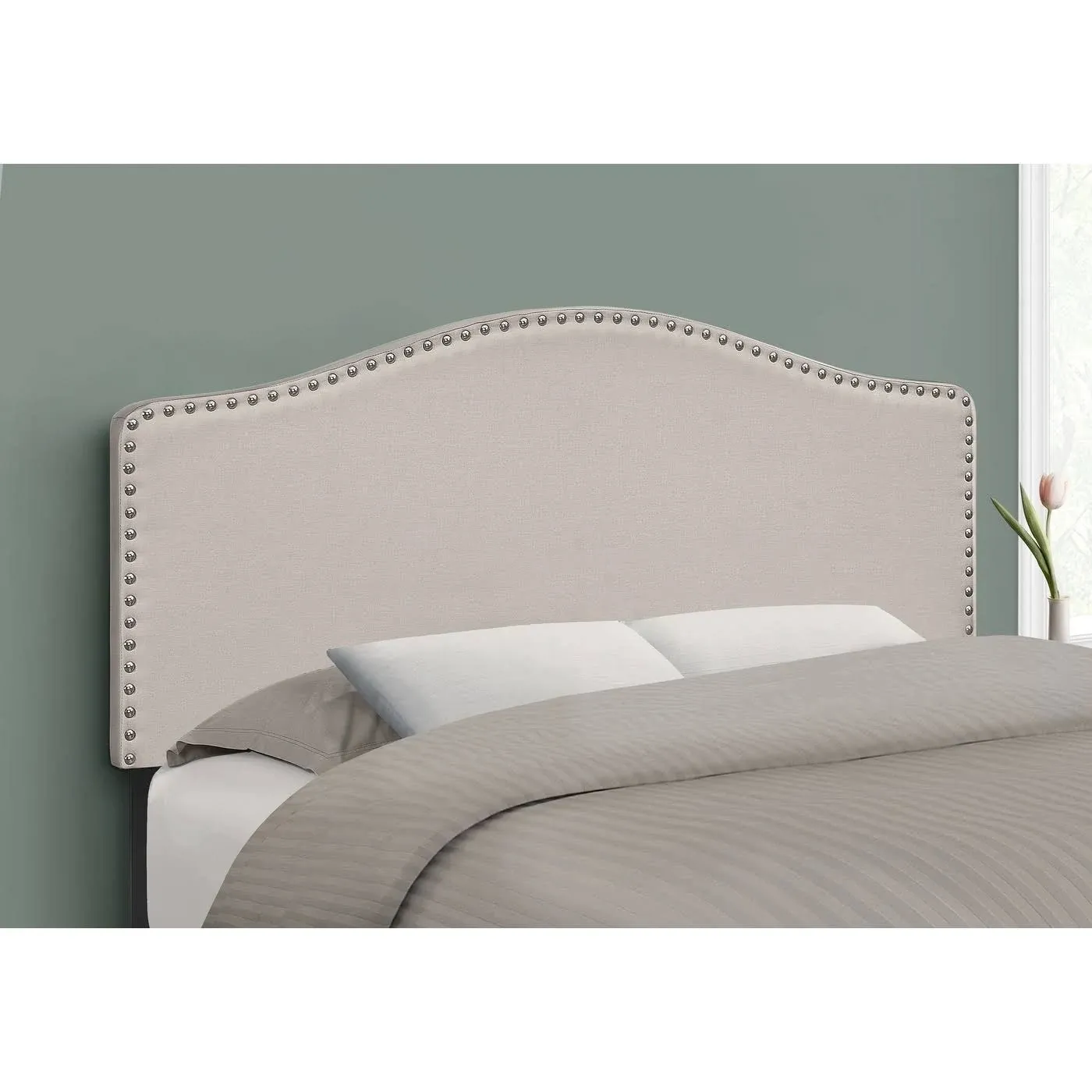 Monarch Specialties 6014F, Full, Bedroom, Upholstered, Look, Beige, Transitional Bed Size Linen Headboard