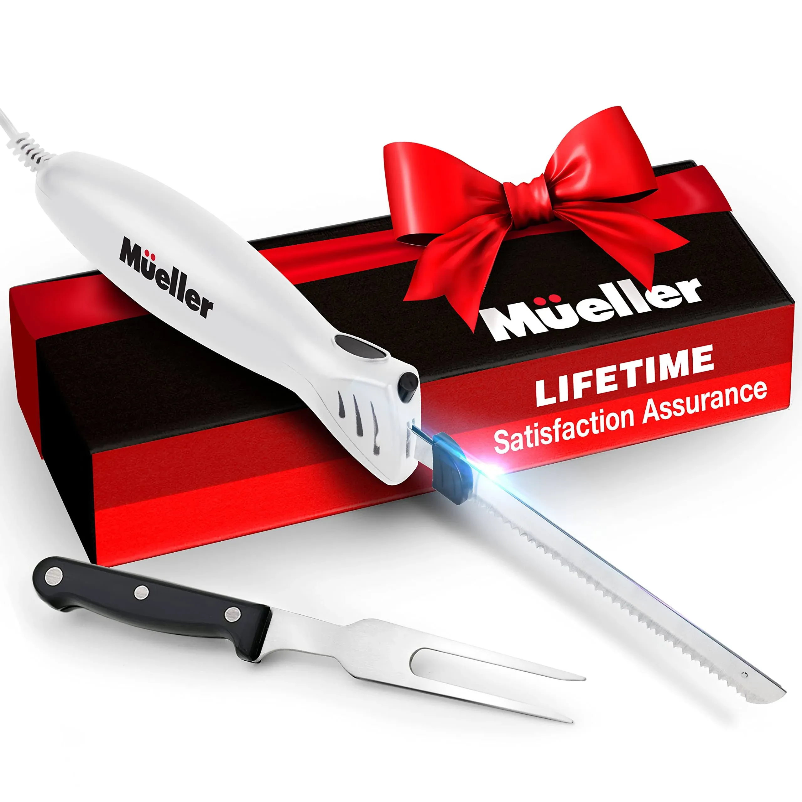 Mueller Ultra-Carver Electric Knife for Carving Meats, Poultry, Bread, Crafting Foam. Stainless Steel Blades, Powerful Motor, Ergonomic Handle, One-Touch On/Off Button, Serving Fork Included, White