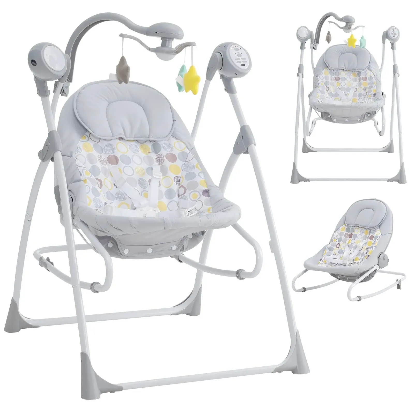 INFANS 2 in 1 Baby Swing and Bouncer for Infants, Portable Newborn Rocker with 5 Speed Sway Music Timing 2 Toys Remote Control, Grey