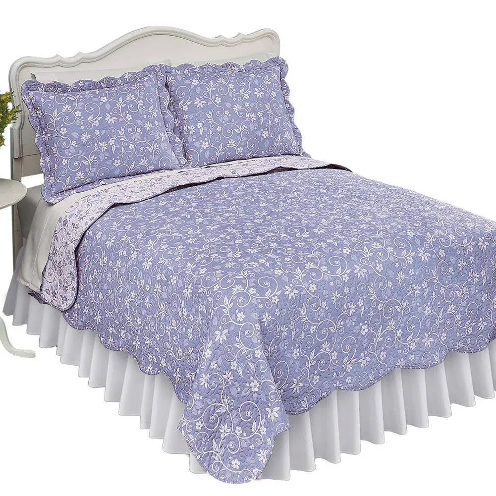 Collections Etc Reversible Floral Quilt with Scalloped Edges and Two-Tone Design, Blue, Full/Queen