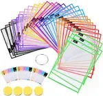 WOT I Dry Erase Pockets 30 Packs, Oversized 10 x 14 Inches Dry Erase Sleeves, Job Ticket Holders Reused Plastic Sheet Protectors, Assort Colors Teacher Students Supplies for Class