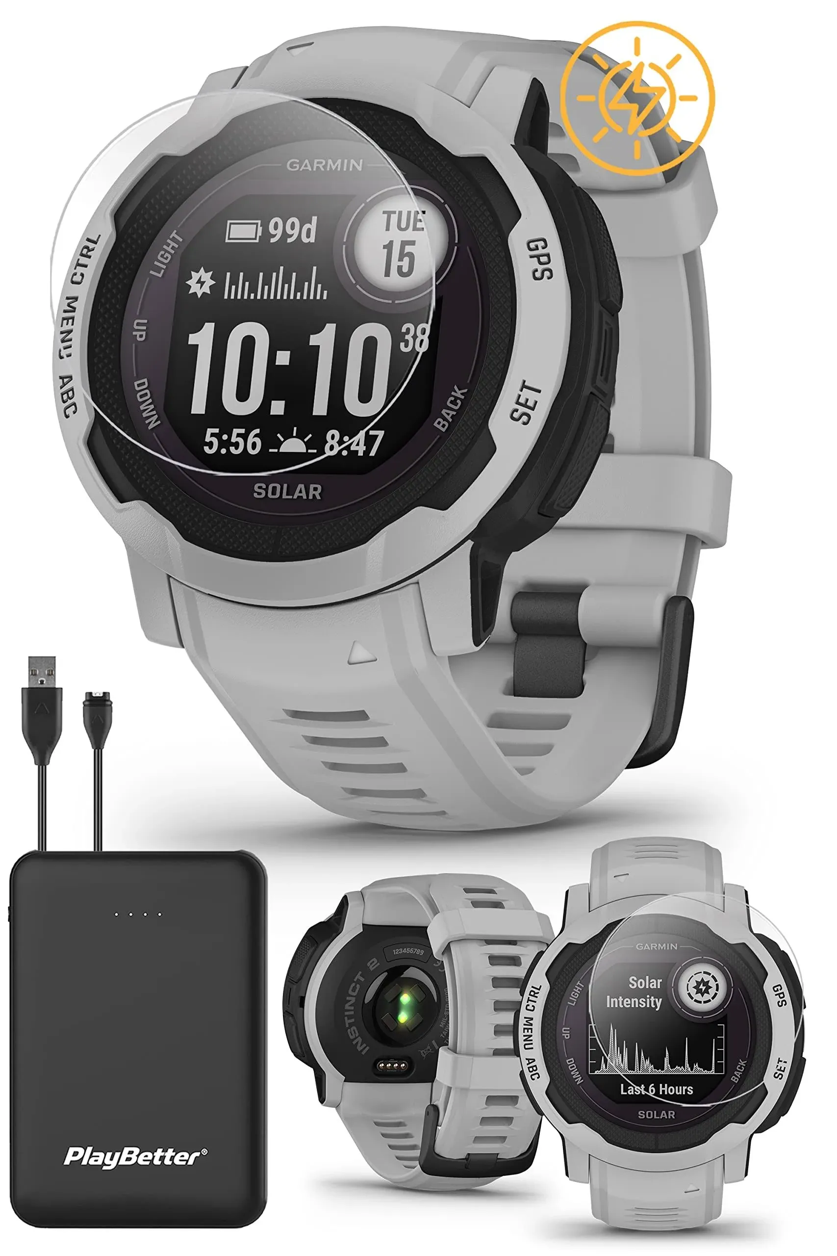 Garmin Instinct 2 (Graphite) Rugged GPS Smartwatch Bundle - Multi-Band GNSS, 24/7 Health Monitoring, Smart Notifications with PlayBetter Portable Charger & Screen Protectors