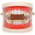 LuReen 14k Gold Vampire Dracula Teeth Grillz 2pc Single Fangs and 6 Bottom Grillz Set for Halloween Costume Cosplay