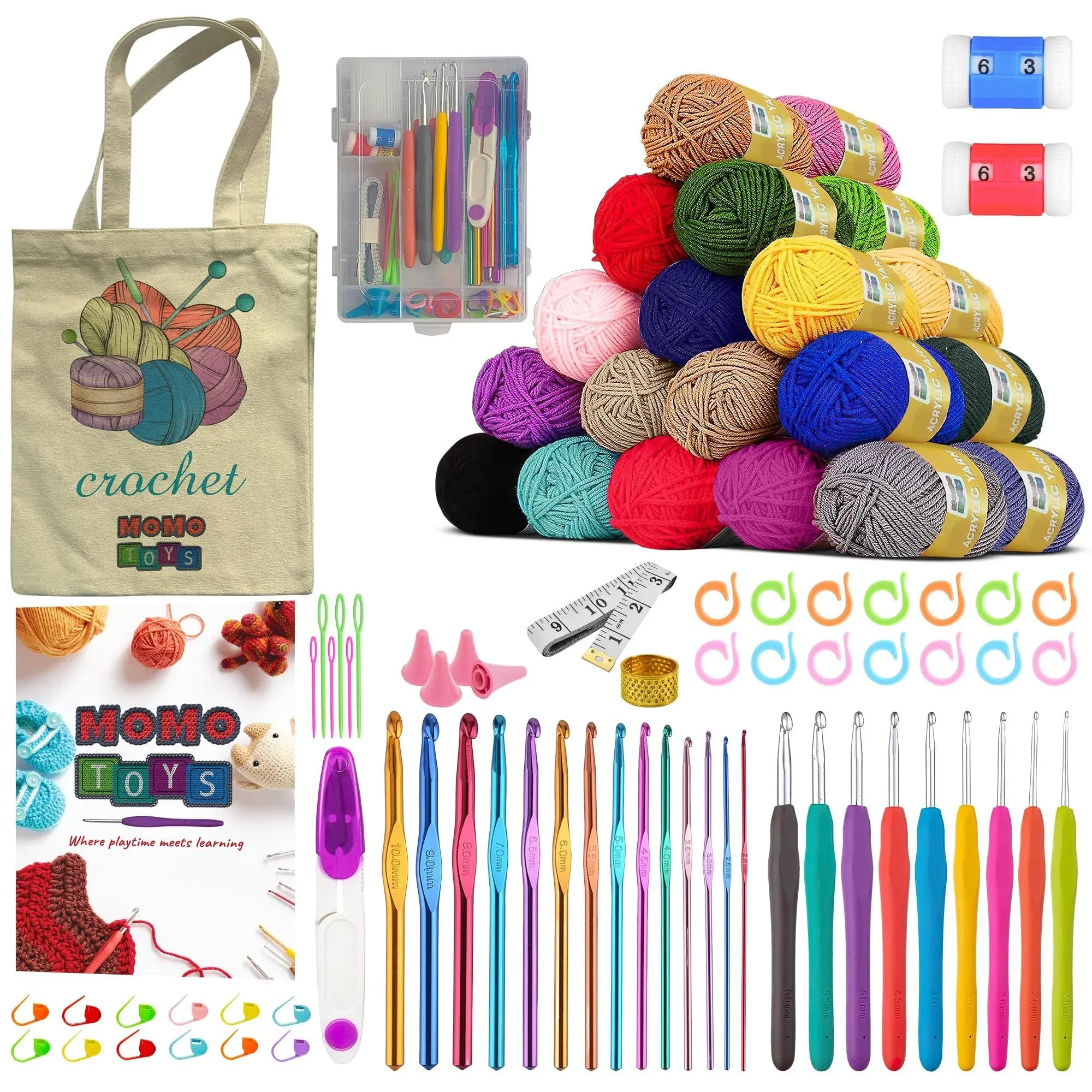 MOMOTOYS Crochet Kit for Beginners, Crochet Hook Set with Yarn Set,Crocheting Kit, 58PCS with Crochet Book and Bag, Crochet Kits for Beginners Adults, Crochet Accessories and Supplies