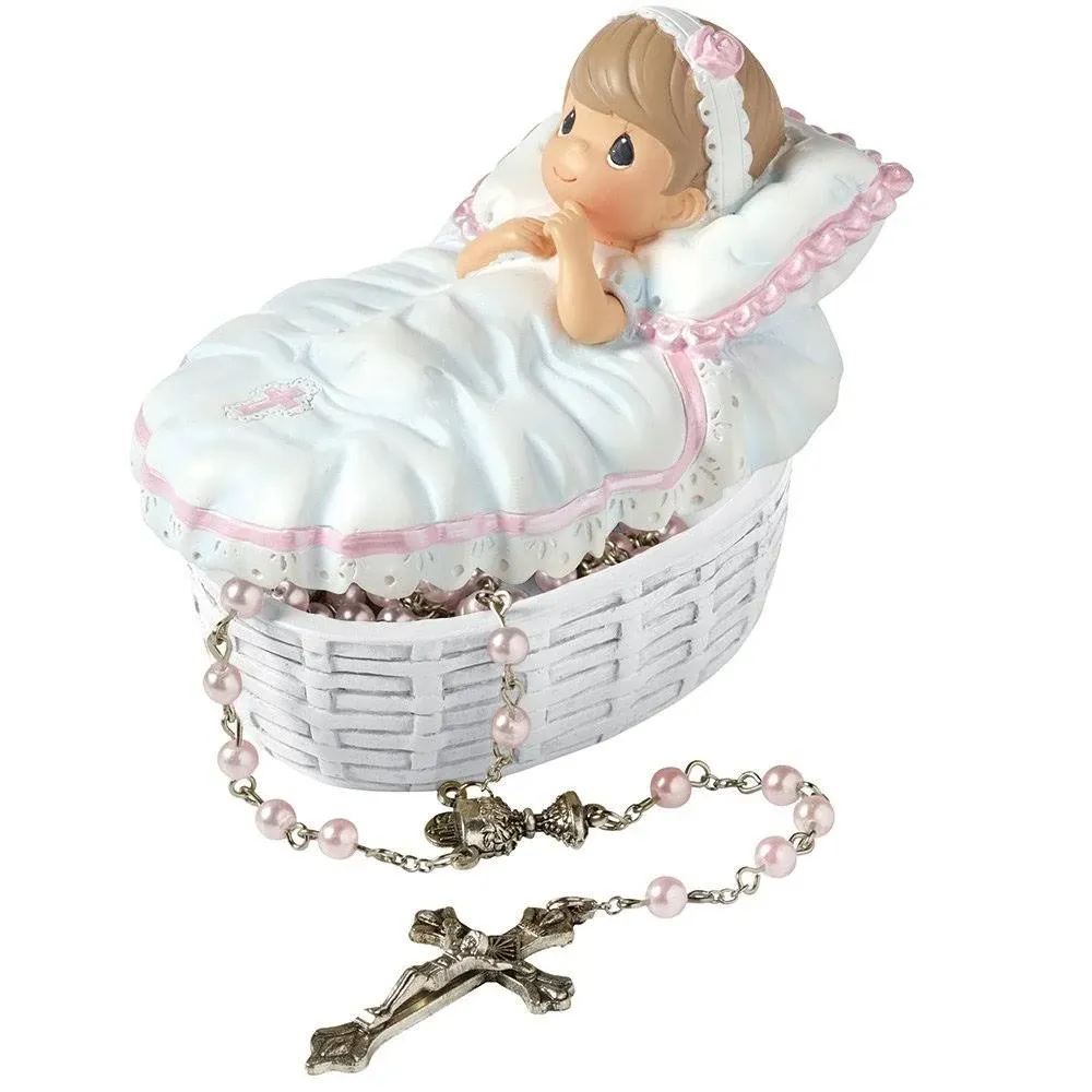 Precious Moments, Baptized In His Name Resin Box With Rosary, For Girl