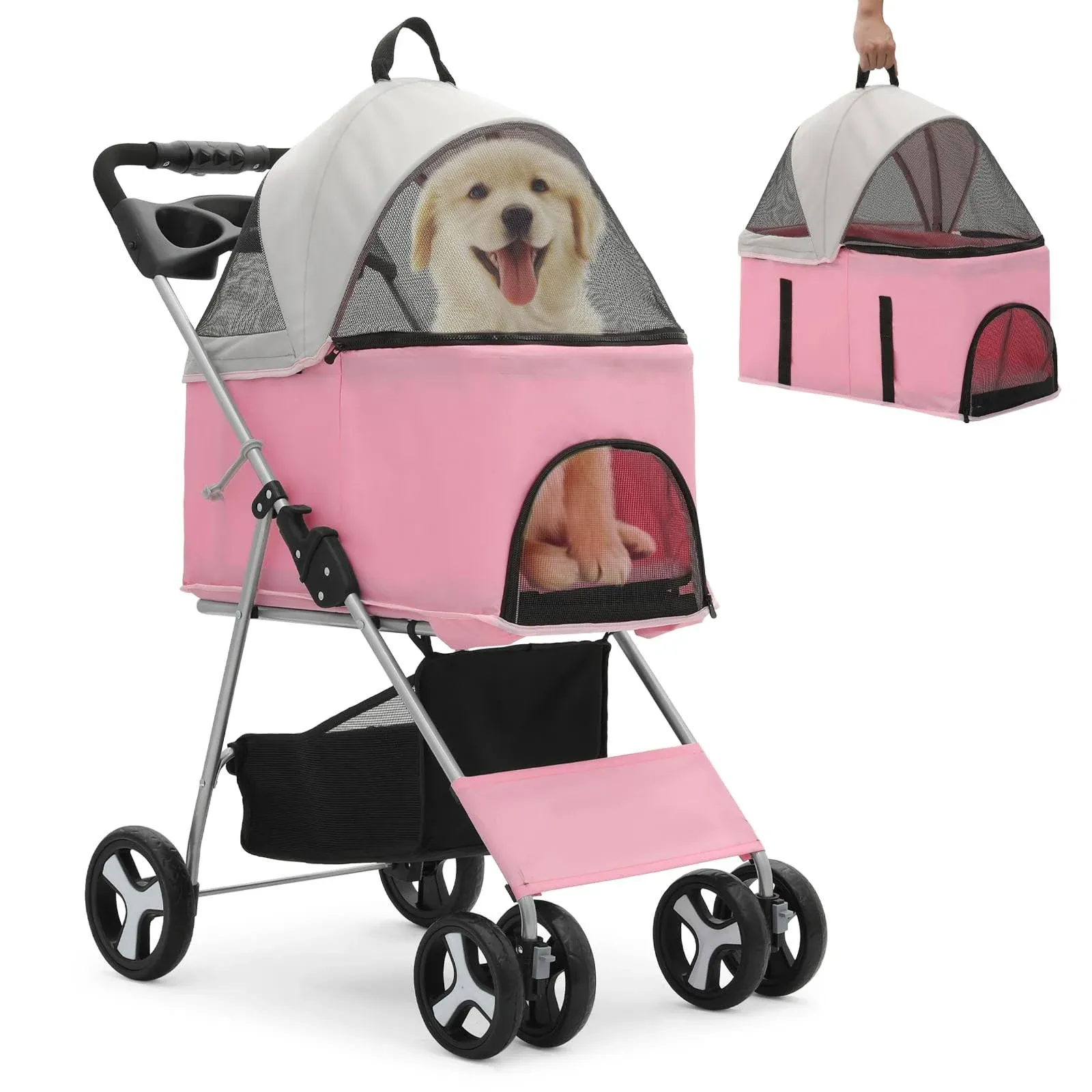 Monibloom 3-in-1 Foldable Pet Stroller Detachable Carrier, Car Seat and Stroller with Push Button Entry Small Pets, Dog Stroller