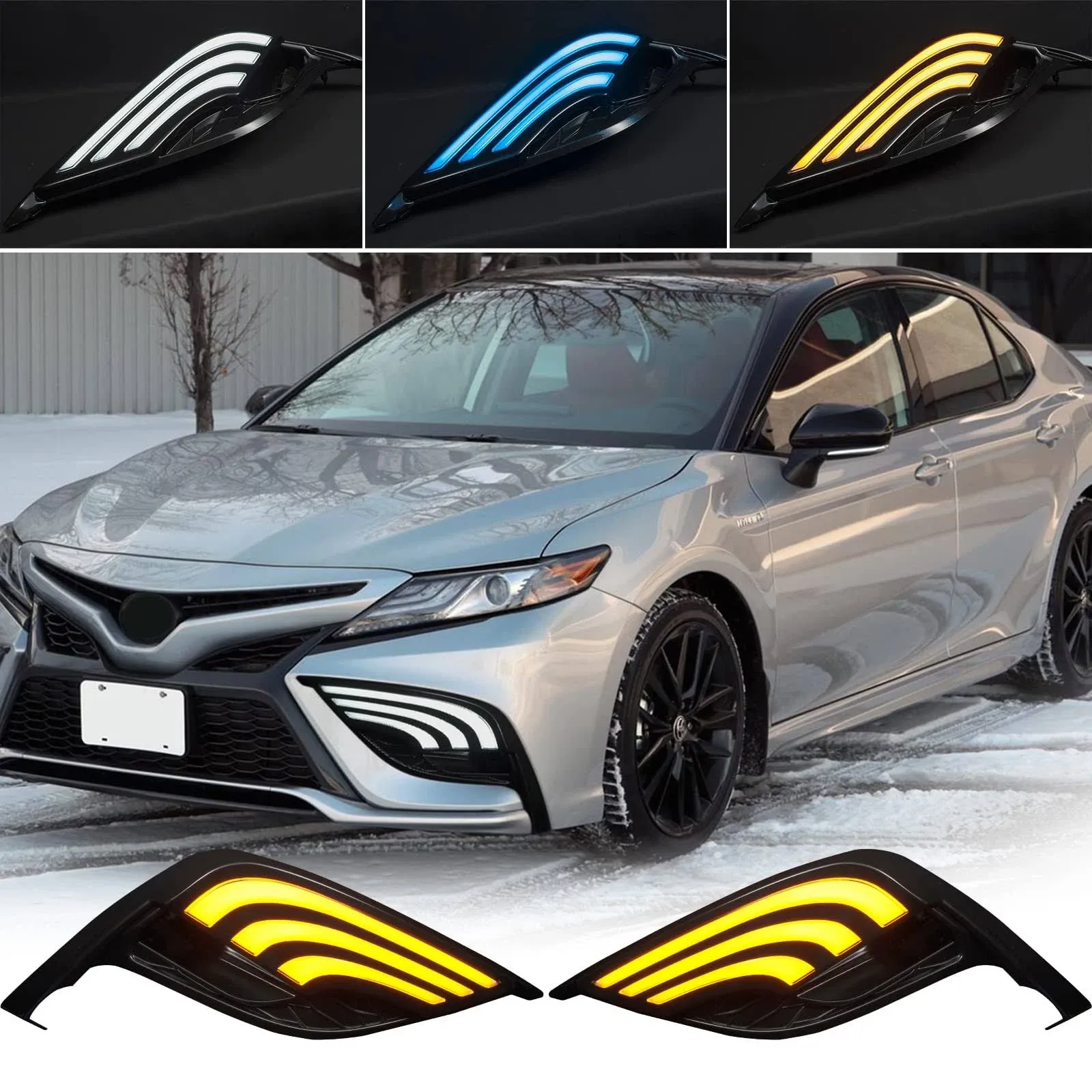 GTYUNKE Daytime Running Lights for Toyota Camry 2021 2022 Tri-Colors DRL Front Fog Light Replacement with Amber Turn Signal / White Ice Blue LED,