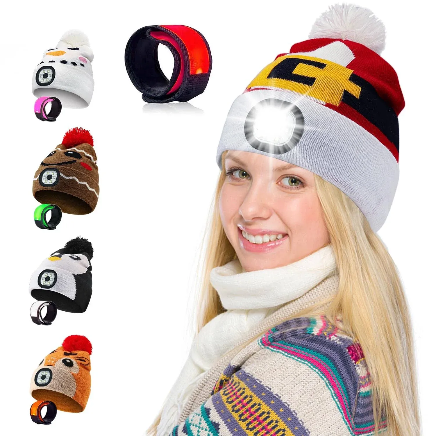 LED Beanie with Light for Adults USB Rechargeable Headlamp Cap Slap Bracelet ...