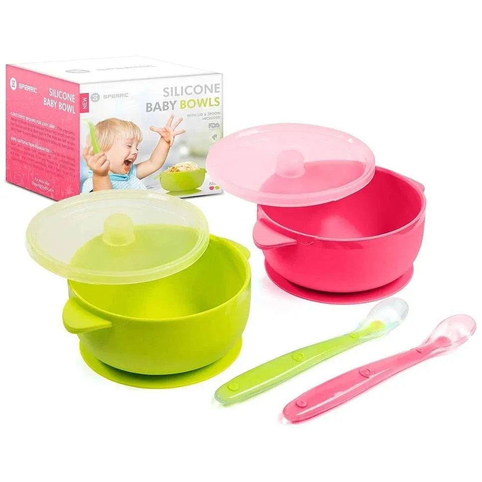 Silicone Suction Baby Bowl with Lid - BPA Free - 100% Food Grade Silicone - Infant Babies and Toddler Self Feeding (Green/Pink)