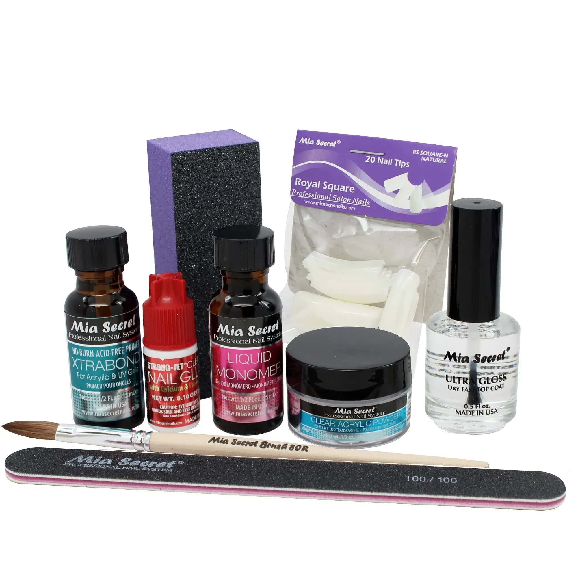 Mia Secret Acrylic Nail Kit: 1/2 oz liquid monomer, 1/2 oz clear acrylic powder, ultra quick nail glue, 1/2 oz ultra gloss top coat, fancy 20 nail tips, 1/2 oz primer, speedy zebra straight nail file 100/100, #8 nail brush and emery block