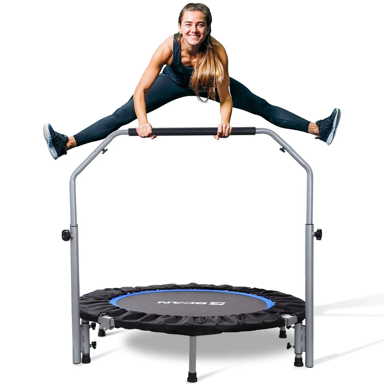 BCAN 40/48" Foldable Mini Trampoline Max Load 330lbs/440lbs, Fitness Rebounder with Adjustable Foam Handle, Exercise Trampoline for Adults Indoor/Garden Workout