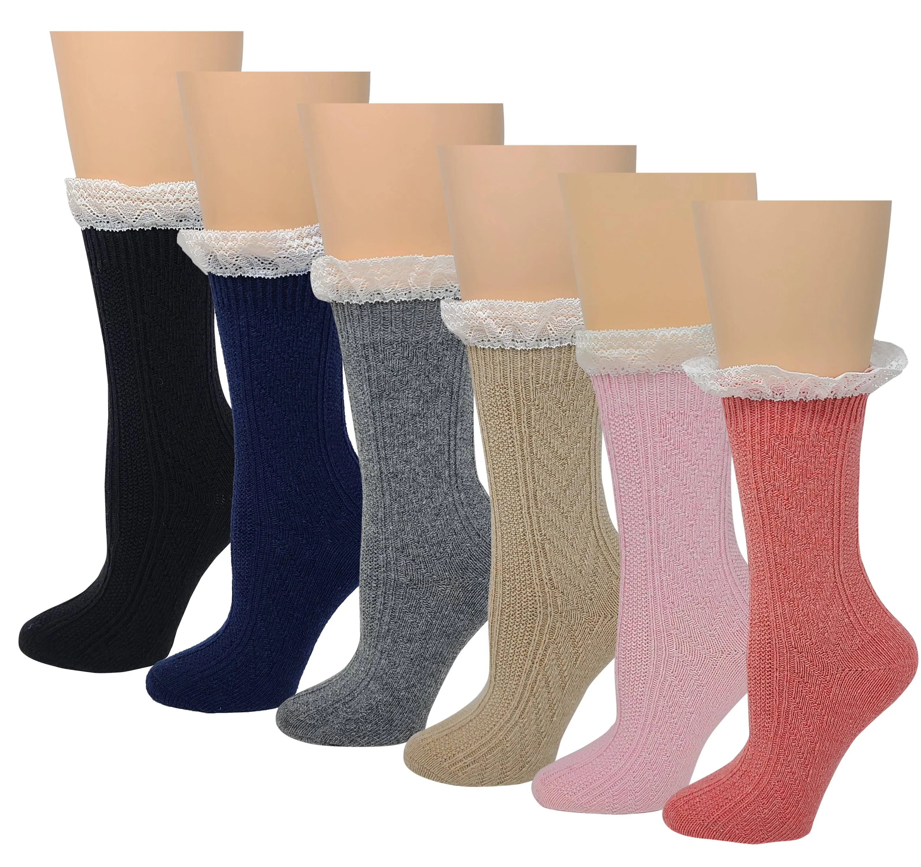 SUMONA 6 pairs Women Wool Cable Knit Lace Crew Winter Boot Socks 9-11