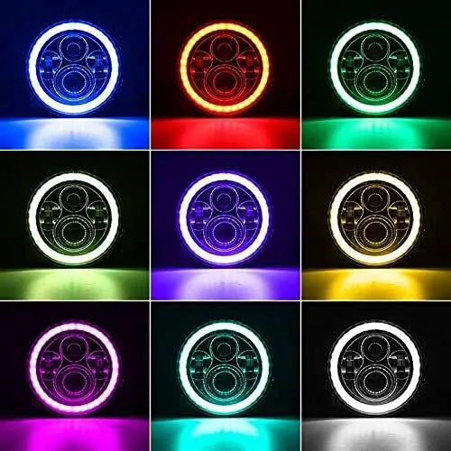 Sunpie Motorcycle 7 inch RGBW Halo LED Headlight Bulb Black Waterproof Phone App ...