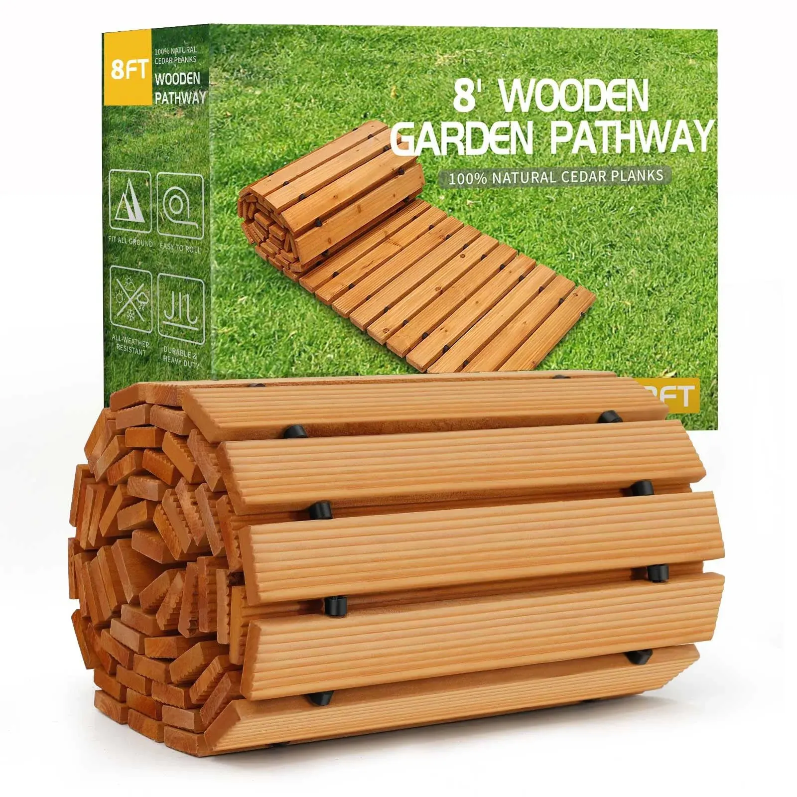 RELIANCER Wooden Garden Pathway,Outdoor Roll Out Cedar Straight Walkway,Patio Path Decorative Garden Boardwalk Walkways,Weather-Resistant Roll Up Beach Wood Road Floor,Wedding Party Pathways (8')