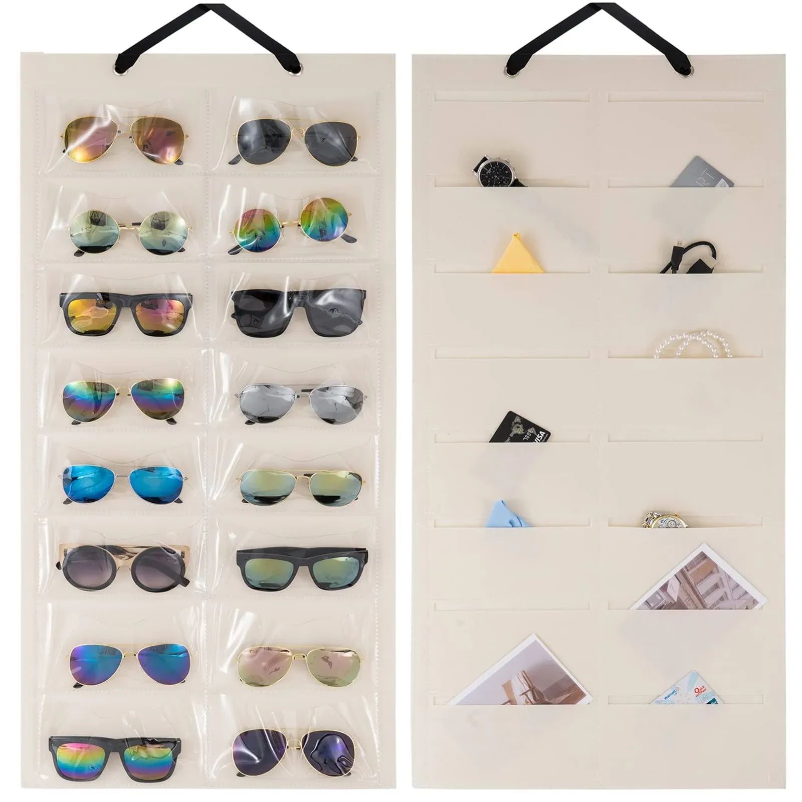 Lolalet Sunglasses Organizer, Hanging Sunglass Holder Organizer for Wall 16 Slots Double Sided Glasses Organizer -Beige, 1 Pack