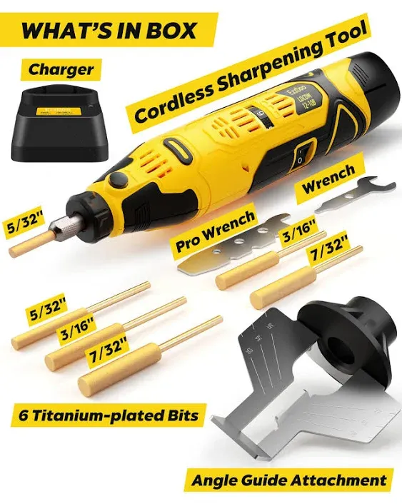 Cordless Electric Chainsaw Sharpener Kit - Portable 12V Chain Saw Sharpener Tool with 6 Titanium-Plated Diamond Bits(Wheels) & Angle Guide - Easy to Use for All Chainsaw Chains.