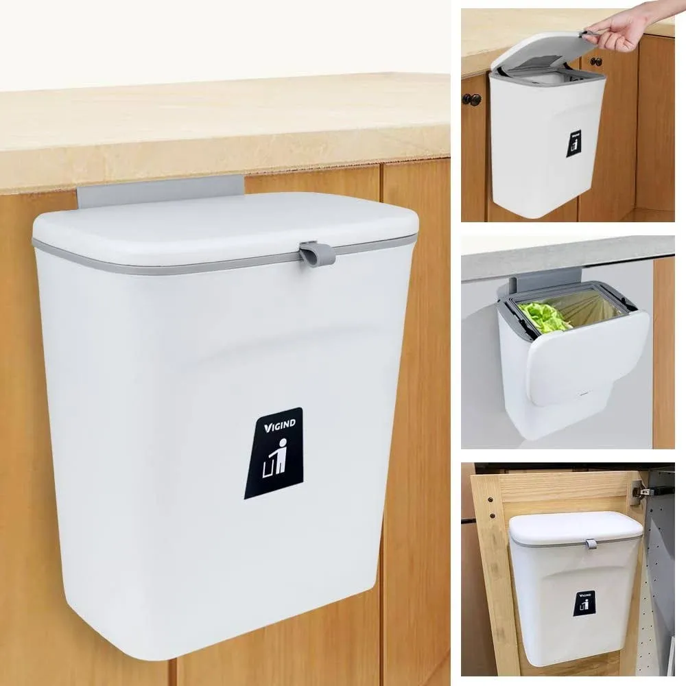 9L/2.4 Gallon Hanging Trash Can for Kitchen Cabinet Door with Lid, Small Unde...