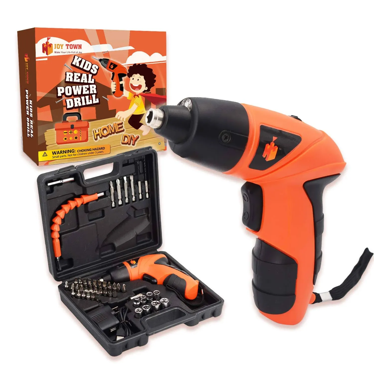 JoyTown Kids Real Power Drill Set – Electric Cordless Drill Tool Kit for Children with Interchangeable Bits, Flexible Shaft, Charger, All in Carrying Case, Learning Tools for Boys & Girls Home DIY