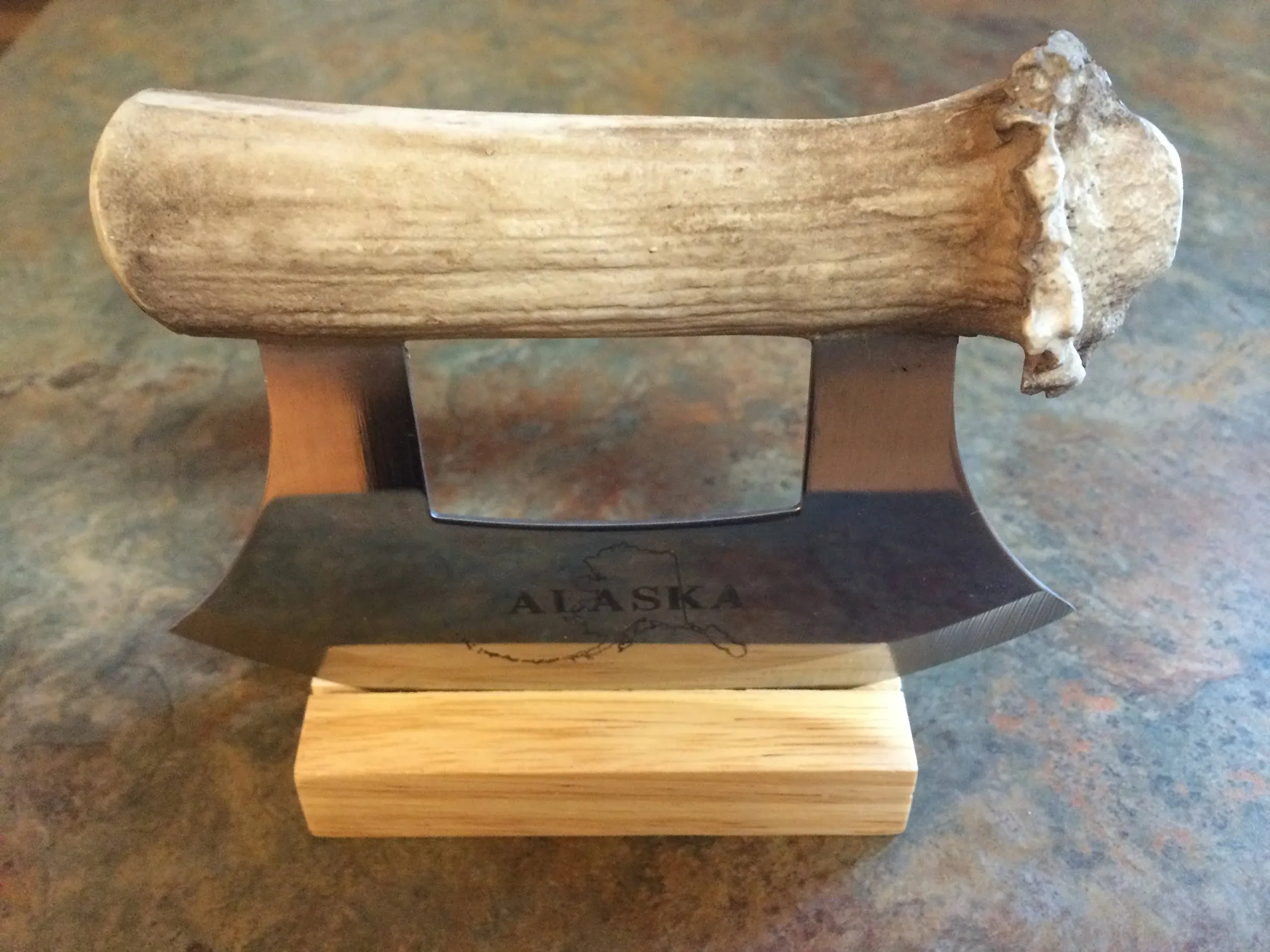 Alaskan Cultured Antler Ulu Knife and Stand