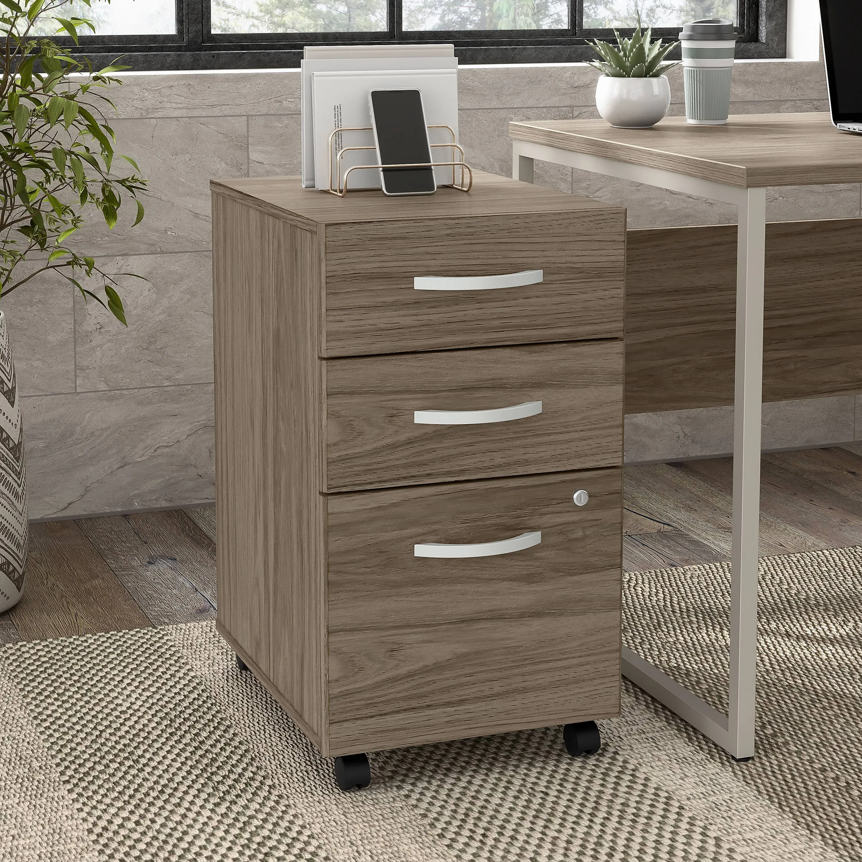 Bush Business Furniture Hybrid 3 Drawer Mobile File Cabinet In Modern Hickory - Assembled - HYF216MHSU-Z