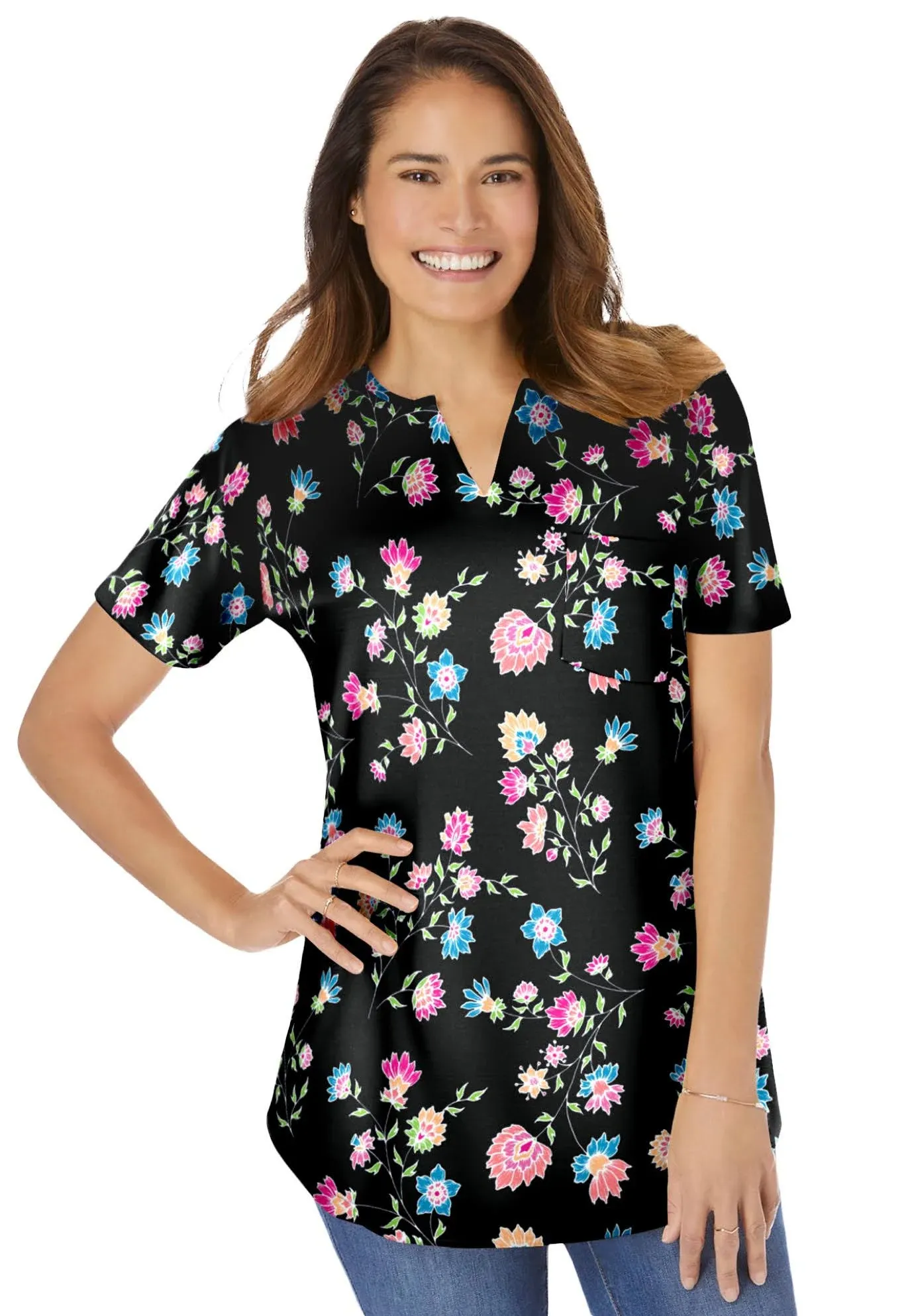 Plus Size Women's Short-Sleeve Notch-Neck Tee by Woman Within in Black Floral ...