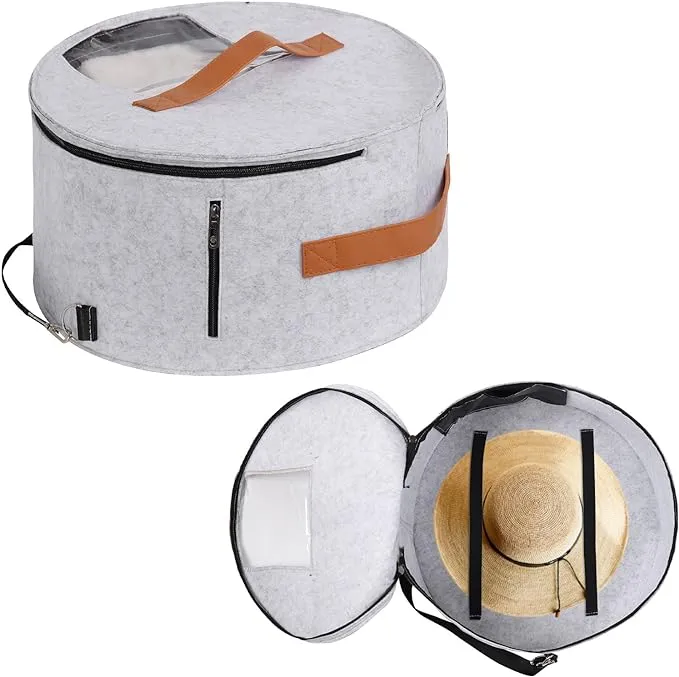 Pehciroe Round Hat Storage Box, Portable Felt Travel Hat Boxes for Women & Men with Translucent Dustproof Lid and Shoulder St