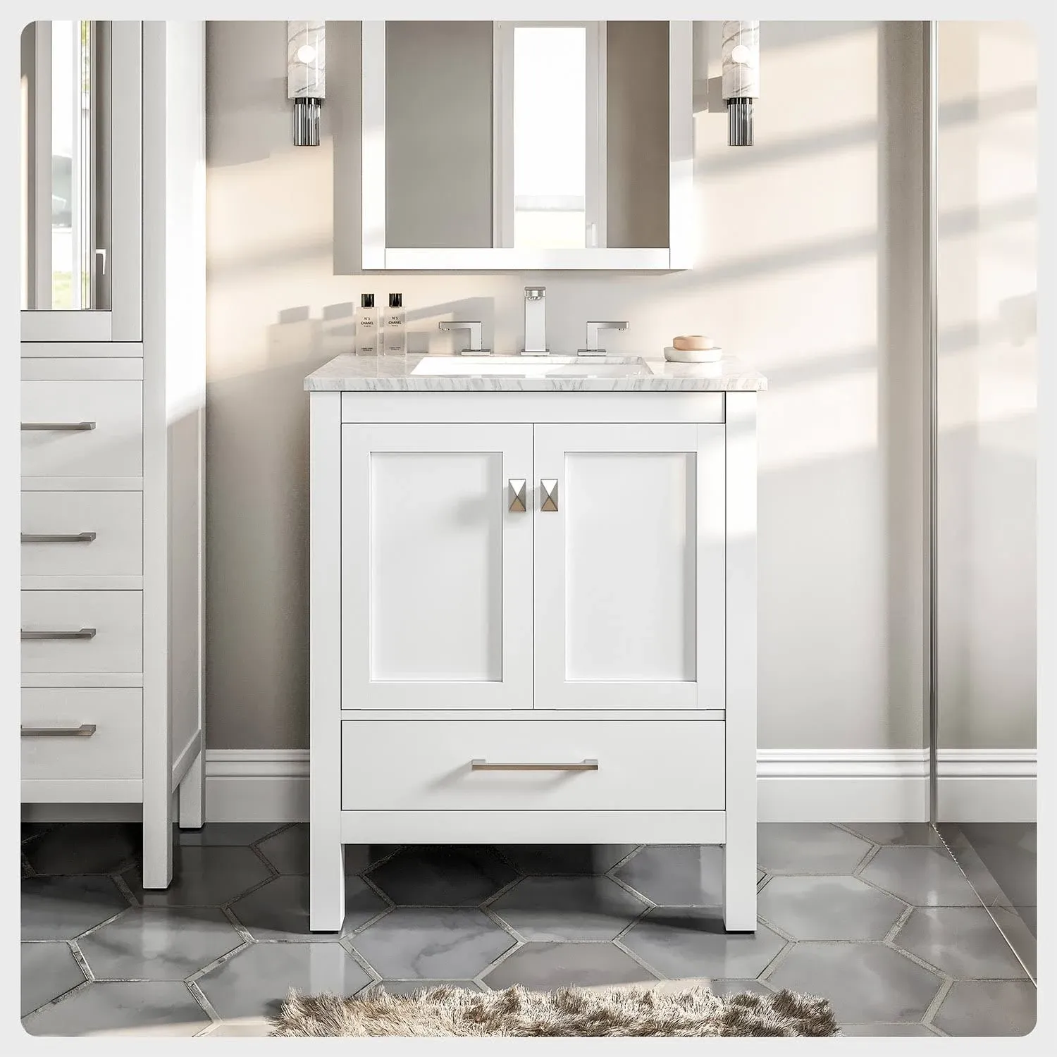 Eviva Aberdeen 30" Transitional White  Vanity with White Carrera Countertop