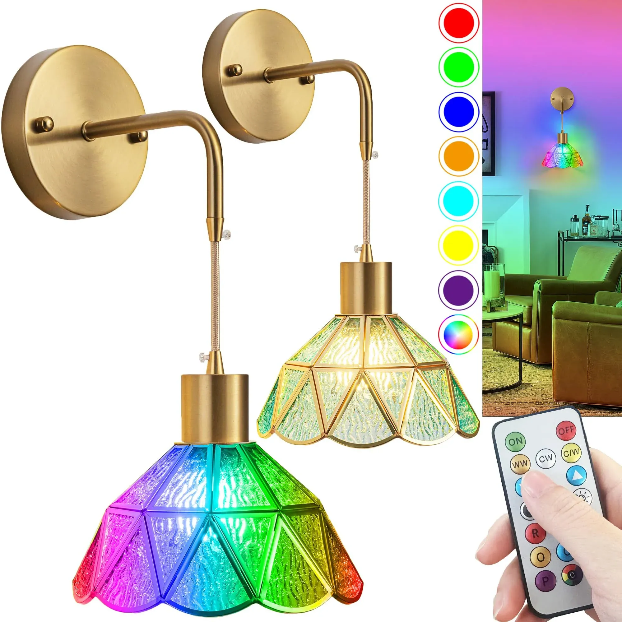 Battery Operated Wall Sconces Set Of Two, Indoor Not Hardwired Battery Wall Light With Remote Control, RGB Color Changing Dimmable Battery Powered Wall Lamp For Bedroom, Easy To Install, Bulb Included