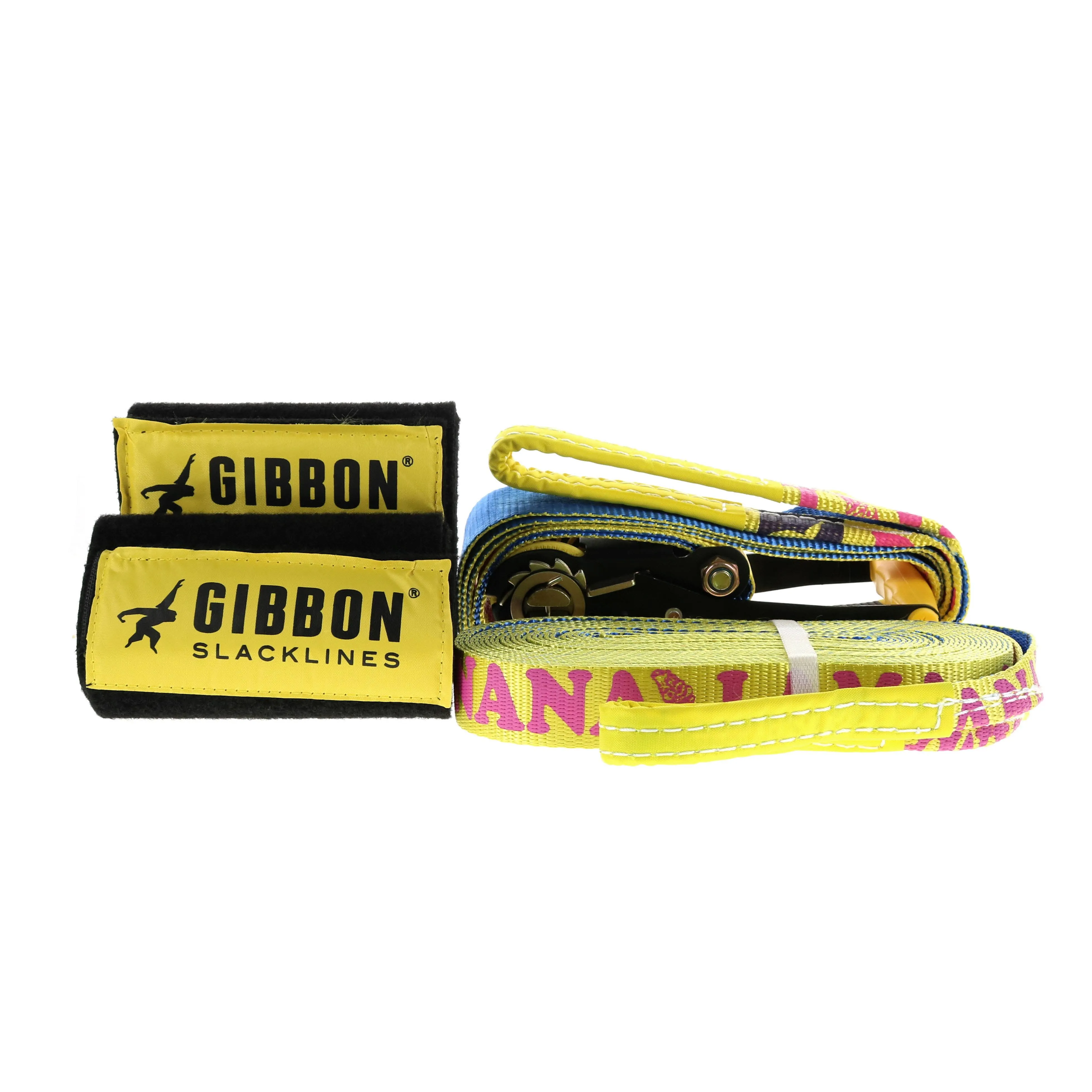 GIBBON BananaLama Slackline with TreeWear - Ultimate All Rounder Slack Line 49ft (41ft Line + 8ft Ratchet Strap with Reinforced Loop) 1.5" Line