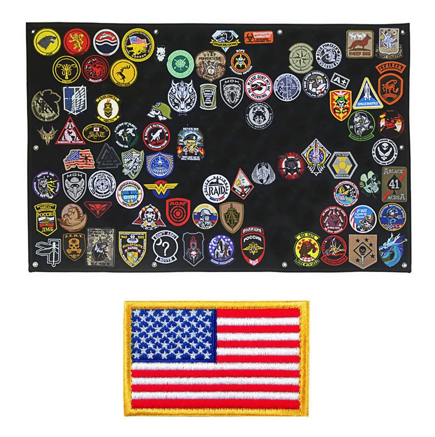 Tactical Patch Display Holder Panel Board for Military Army Morale Hook and Loop Emblems, 43 Inches x 27.5 Inches, with 1 US Flag Patch Included