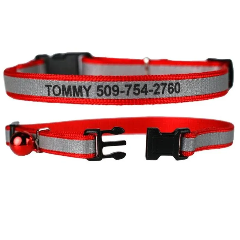 GoTags Personalized Reflective Cat Collars, Engraved Custom Cat Collar with Name and Phone Identification, Breakaway Collar with Safety Release Buckle and Bell, Adjustable for Cats and Kitten, (Red)