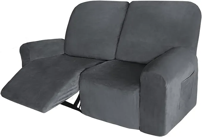 Velvet 6 Pieces Recliner Loveseat Cover, 2 Seaters Lazy Boy Reclining Furniture Protector for Kids and Pet, Non Slip Love Seat Sofa Couch Slipcover, Thick, Washable, Grey