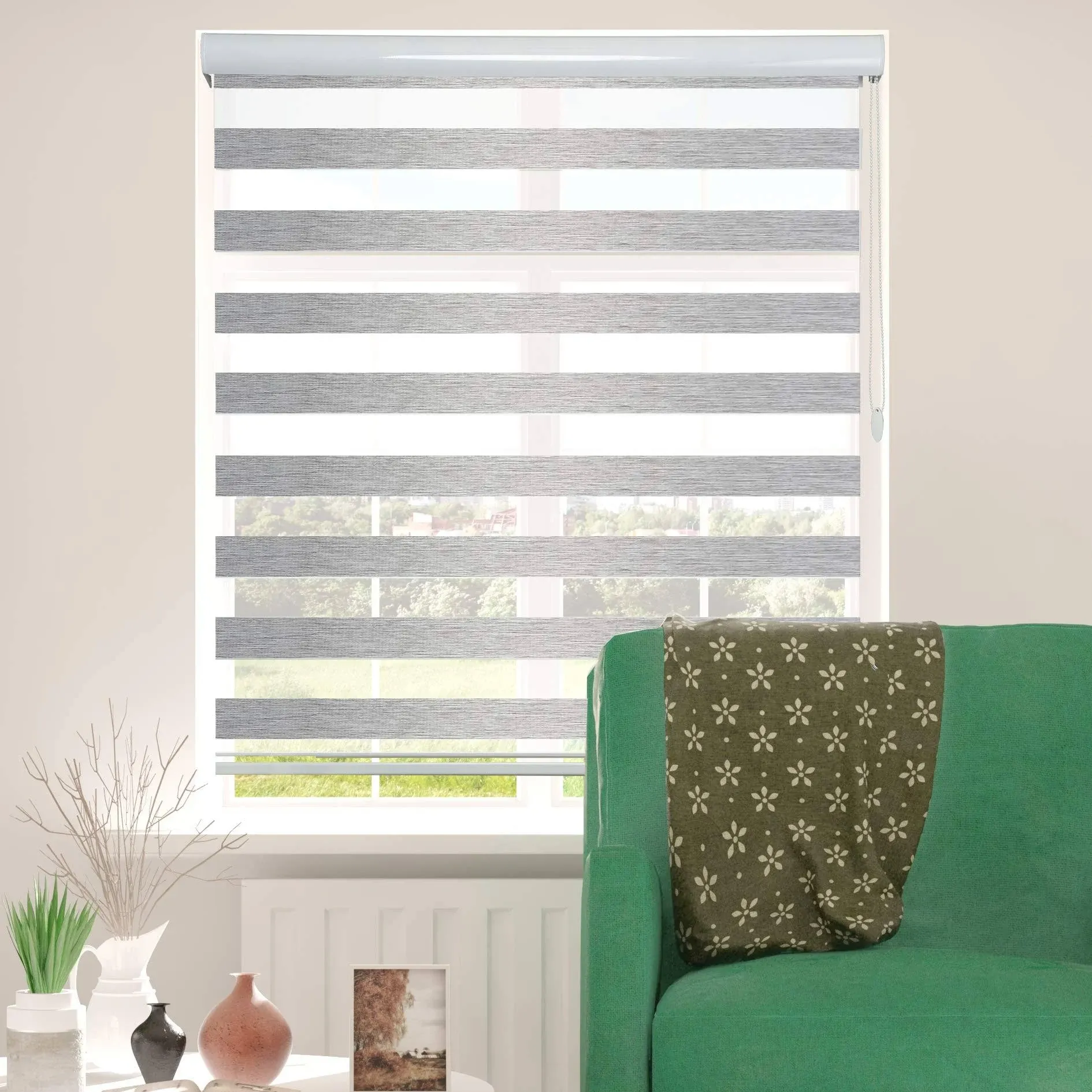 ShadesU Blinds for Windows Dual Layer Zebra Roller Shades Light Filtering Sheer Window Treatments Privacy Light Control for Day and Night (Maxium Height 72inch) (Grey Color) (Width 30inch)