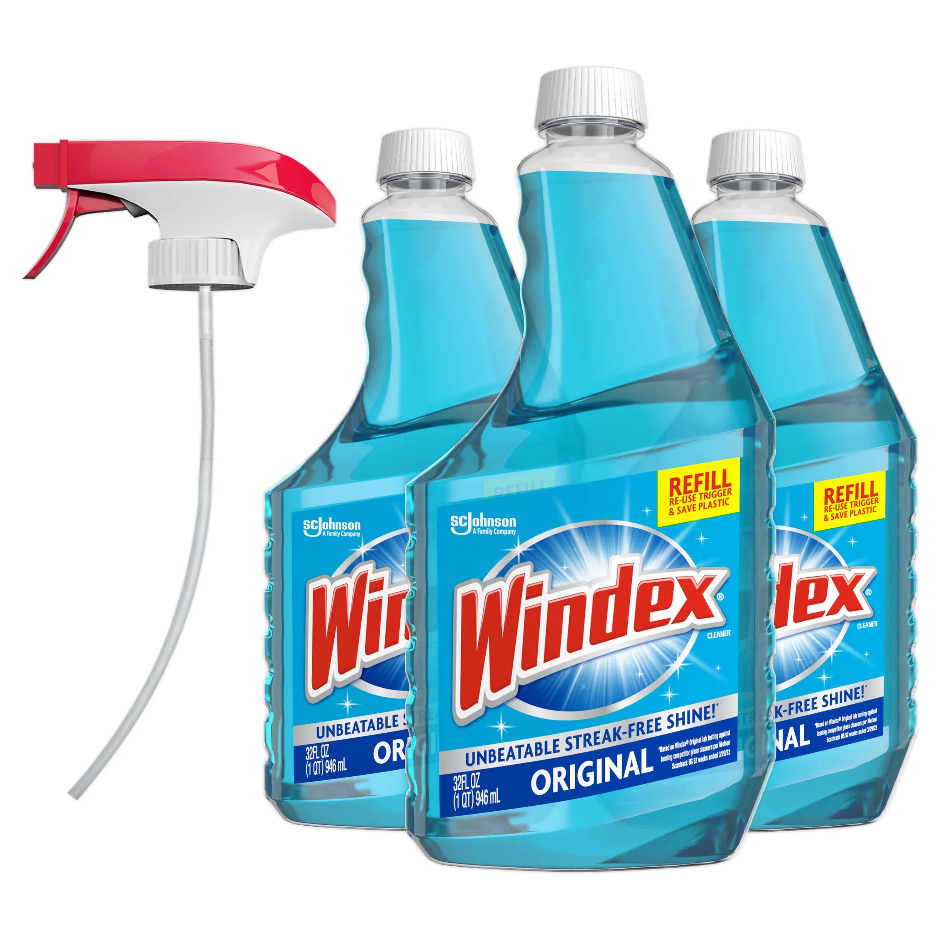 Windex Original Glass Cleaner, Refill Bottle, 32 fl oz, 3 ct, and Reusable Trigger